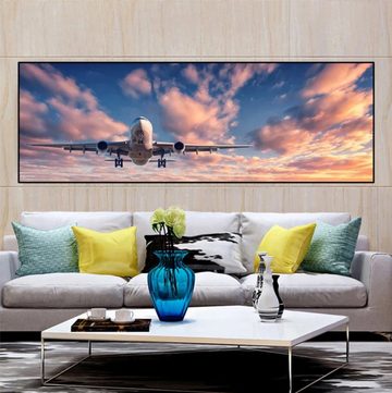 TPFLiving Kunstdruck (OHNE RAHMEN) Poster - Leinwand - Wandbild, Landschaft Flugzeug Sonnenuntergang Wolken Himmel Leinwand Gemälde (Leinwandbild XXL), Farben: Orange, Blau, Weiß, Schwarz, Gelb -Größe: 20x60cm
