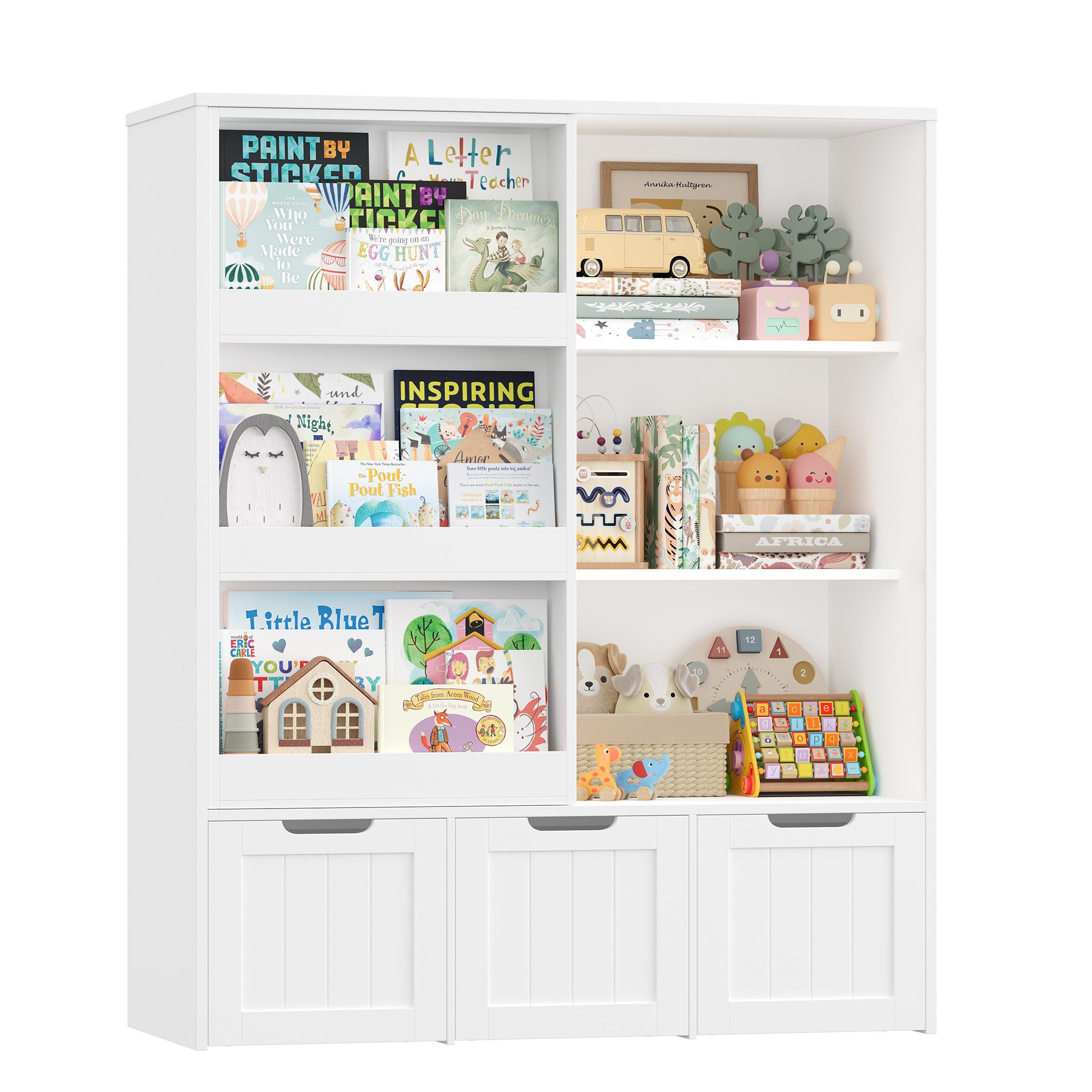 Homfa Kinderregal mit Bücherregal Kinderschrank mit 3 Spielzeugkisten auf Rollen, Spielzeugregal mit 6 offenen Fächern Spielzeugtruhe 120x100x37cm