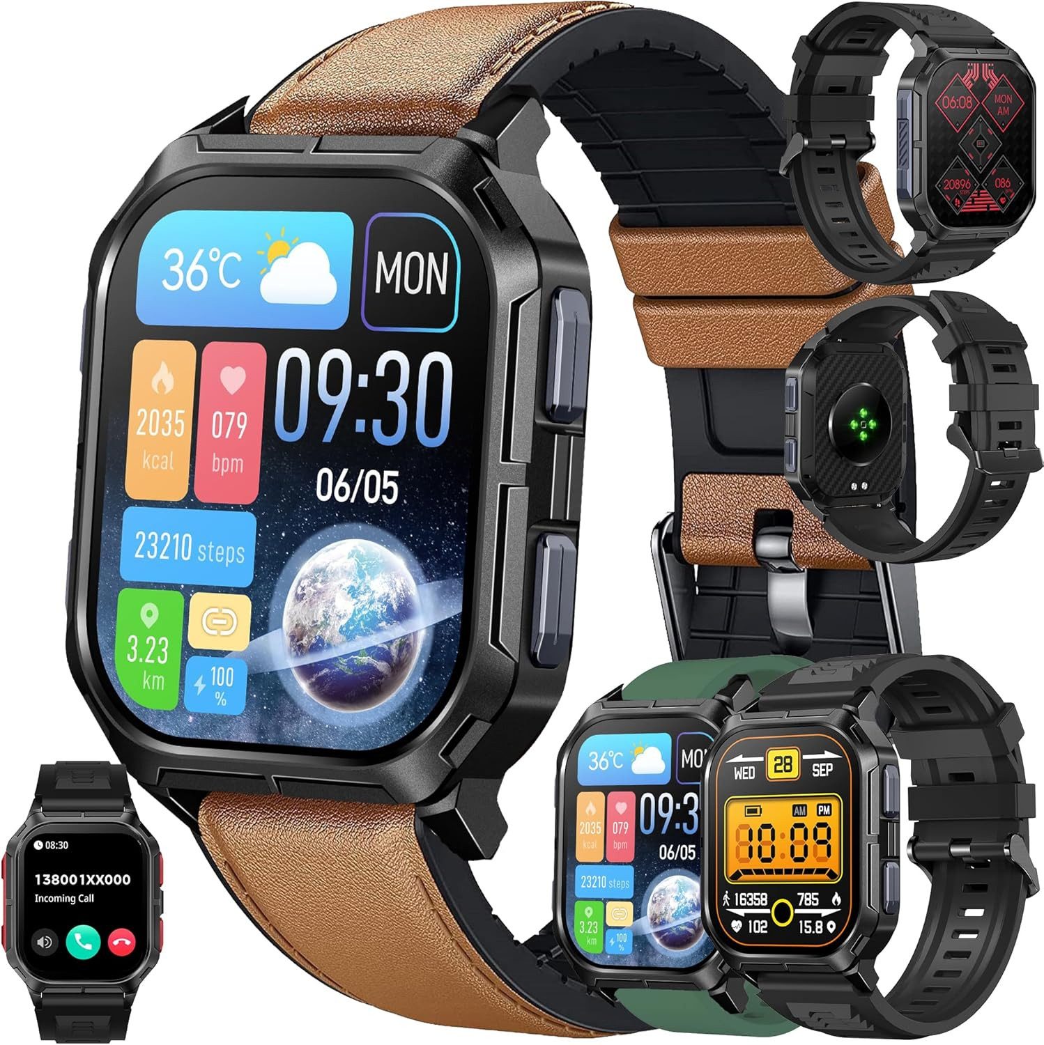 MYSHUN Herren's Telefonfunktion 5ATM Wasserdicht Militär Smartwatch (5,11 cm/2,01 Zoll, Android/iOS), mit austauschbarem weichem Silikonarmband, mit Blutdruckmessung SpO2 123 Sportmodi Aktivitätstracker
