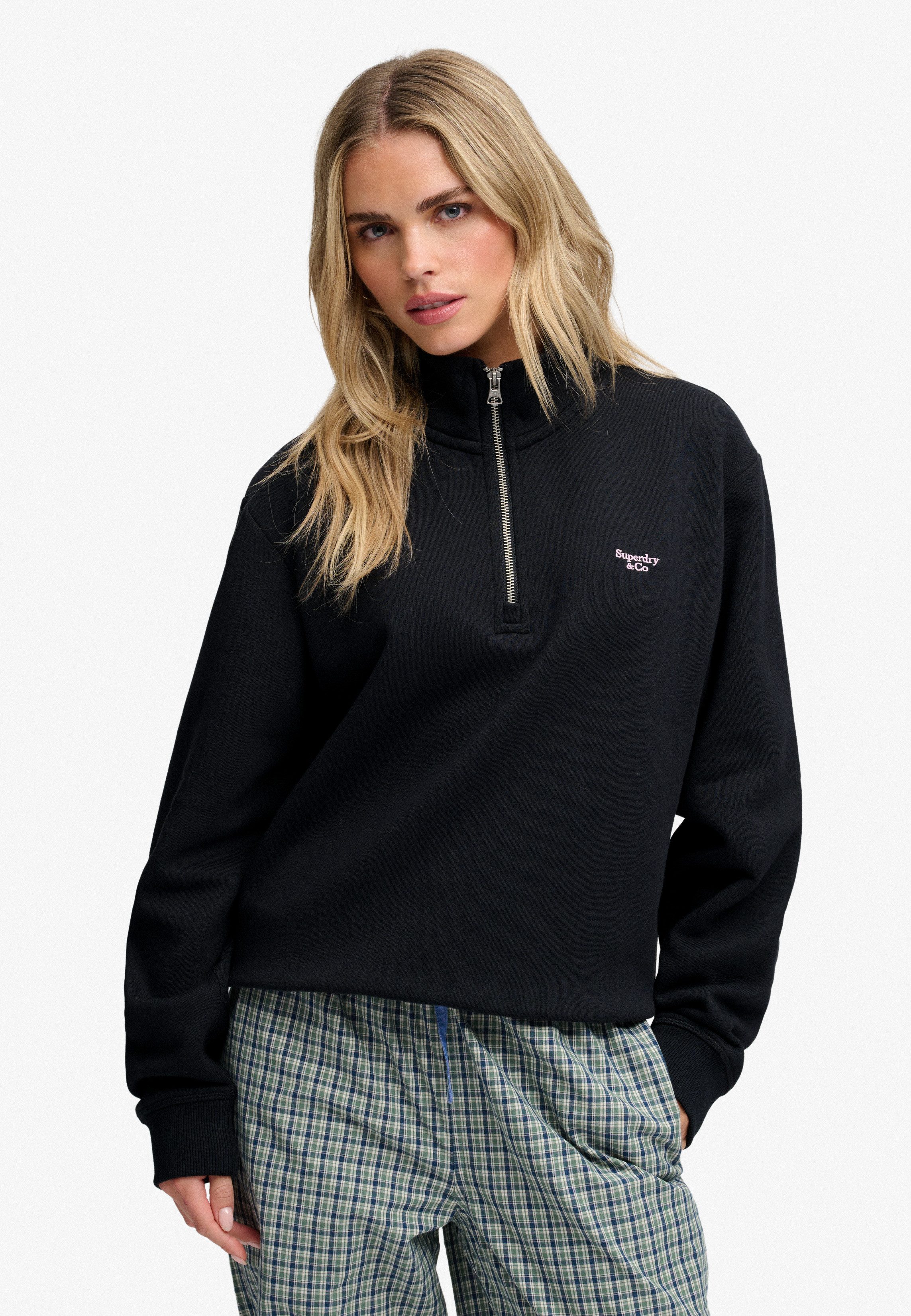 Superdry Sweatshirt SIGNATURE EMB HALF ZIP mit Stehkragen, aus Baumwolle und Polyester, Loose Fit, unifarben