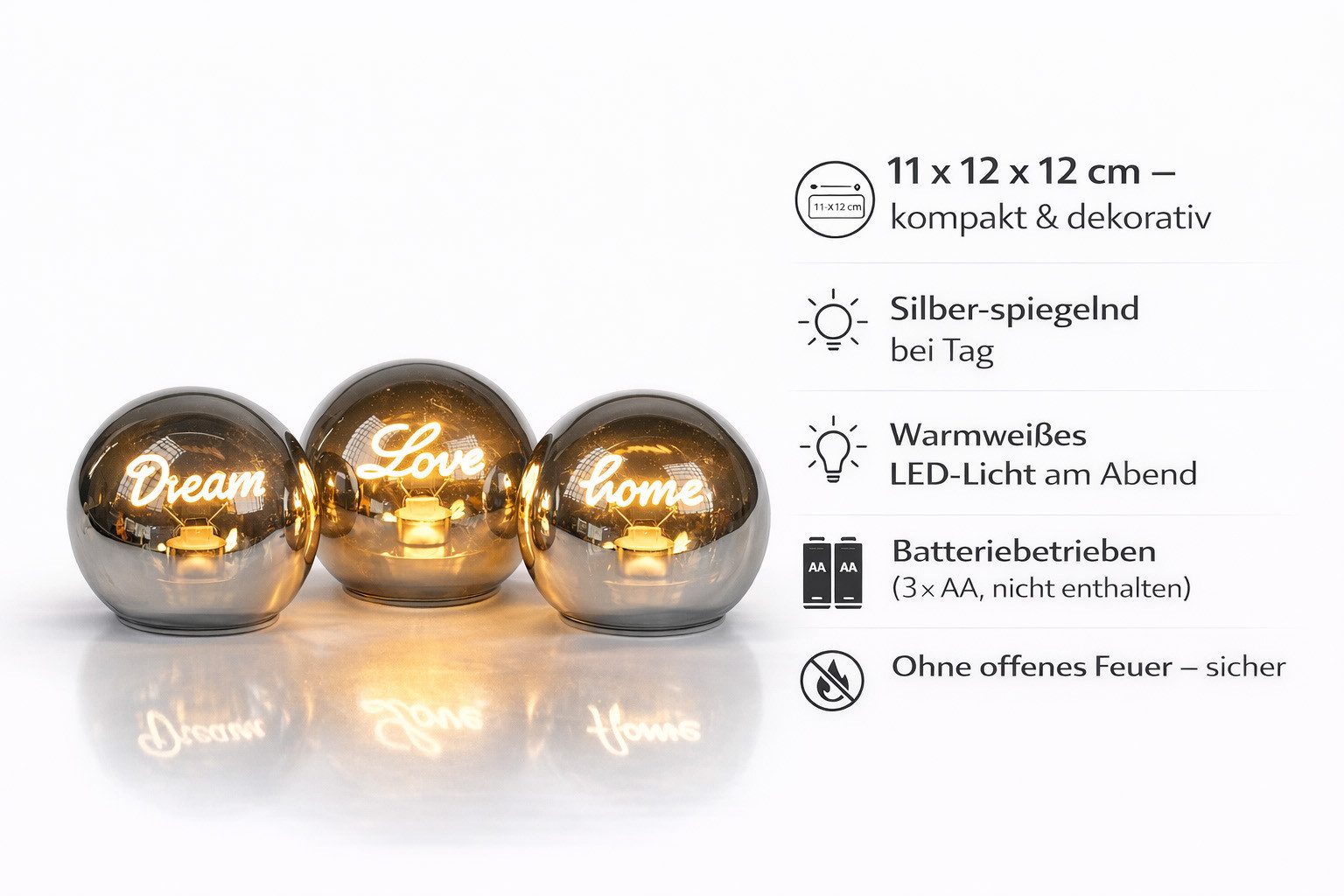 formano LED Dekolicht Deko Set 3er Leuchtkugeln mit Schriftzug Dream + Love + Home 12 cm, LED fest integriert
