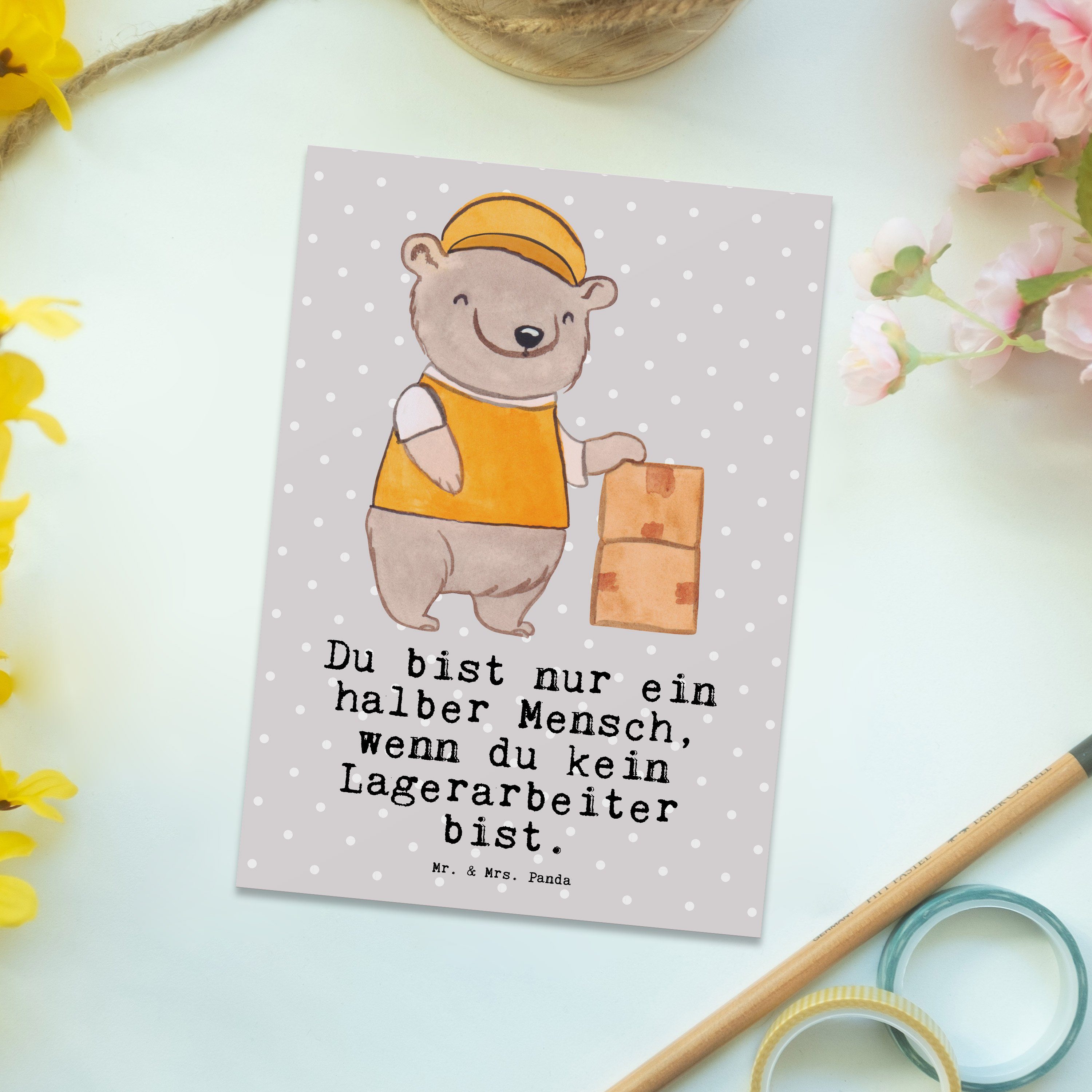- Geschenkka Postkarte Lagerarbeiter & Mr. Mrs. Kollege, - Geschenk, Pastell Herz Panda Grau mit
