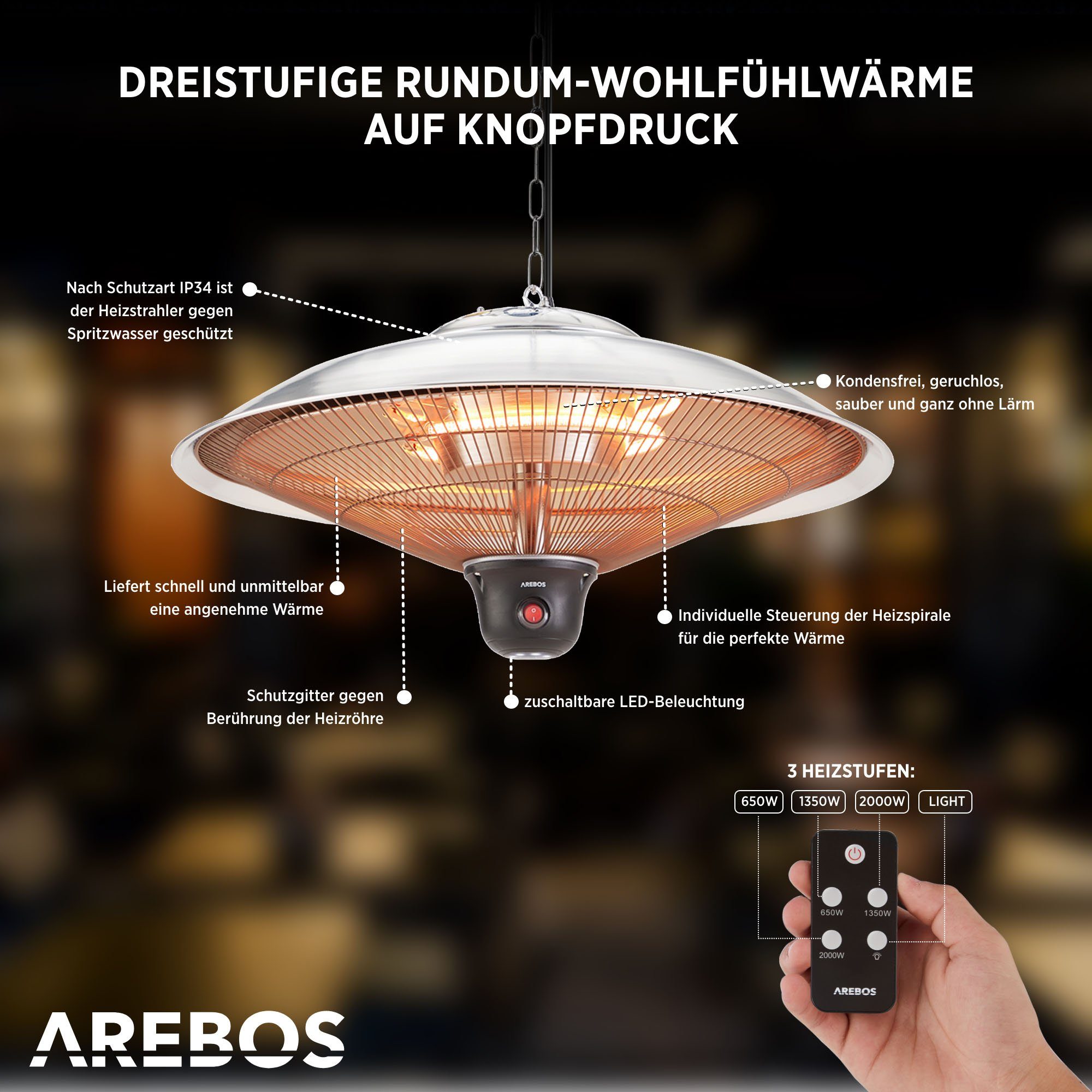 Arebos Fernbedienung inkl. + W, silber 2.000 LED-Lampe Infrarotstrahler Deckenheizstrahler,