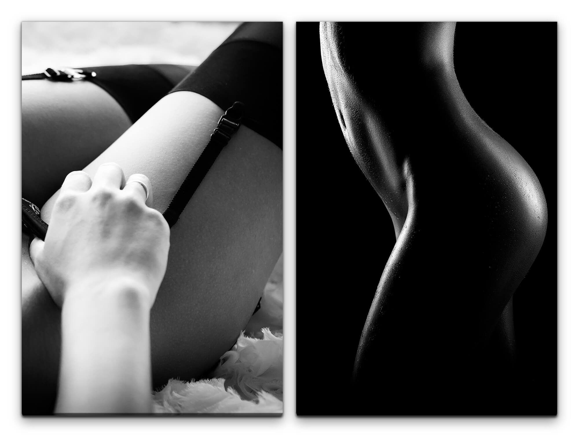 Sinus Art Leinwandbild 2 Bilder je 60x90cm Erotisch Sinnlich Dessous Sexy Schwarz Weiß Verführerisch Leidenschaft
