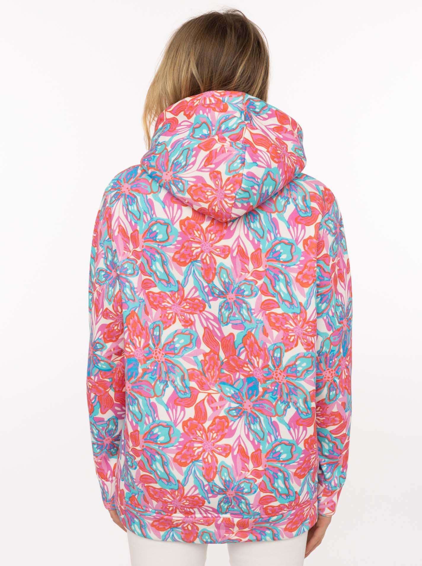 Zwillingsherz Hoodie "Flower Sparkles" farbenfrohes florales Muster, Neondetails, Kapuze, Fronttasche