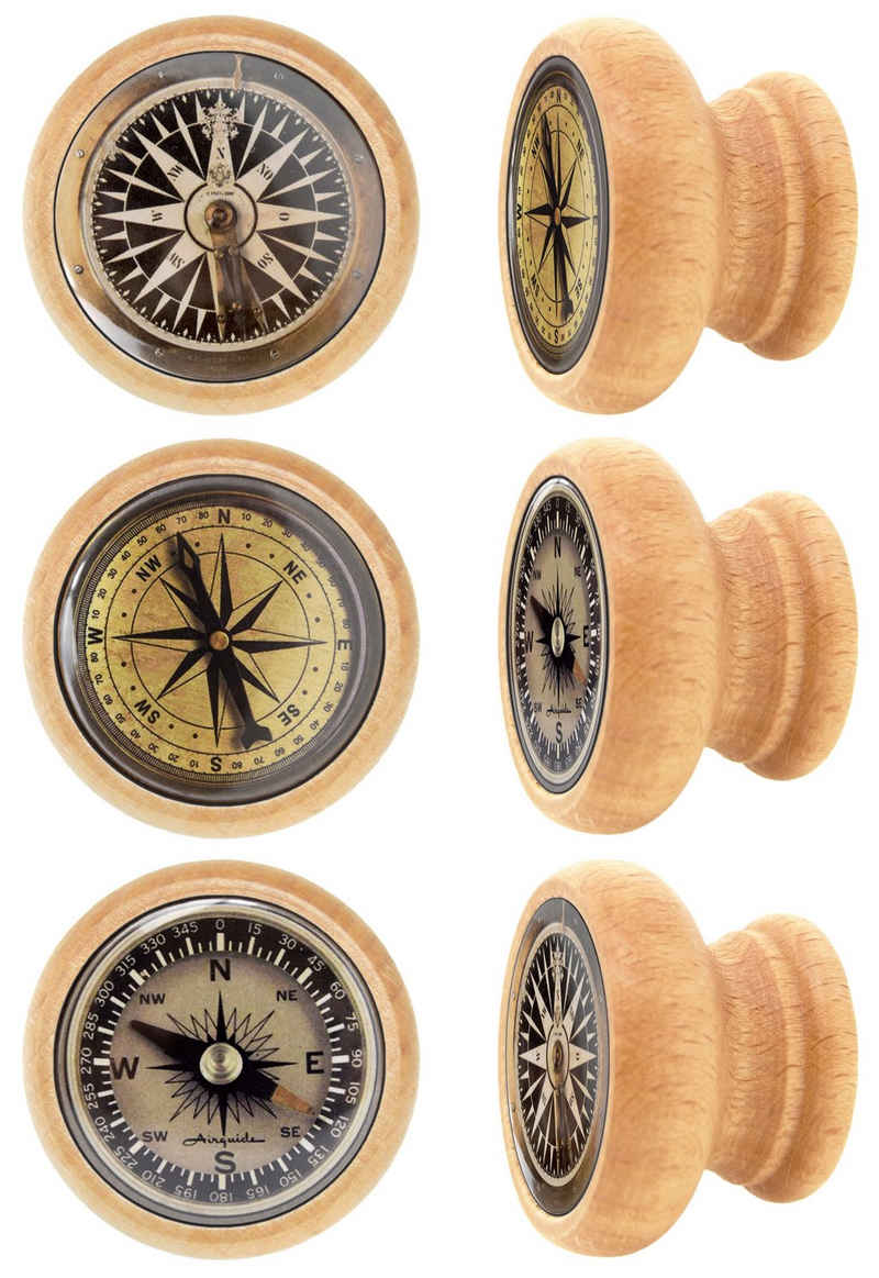 Lashuma Möbelgriff Kompass (Set, 6-St), Möbelgriffe aus Holz 4 cm Ø, Runde Möbel Knöpfe mit Kompass-Motiv