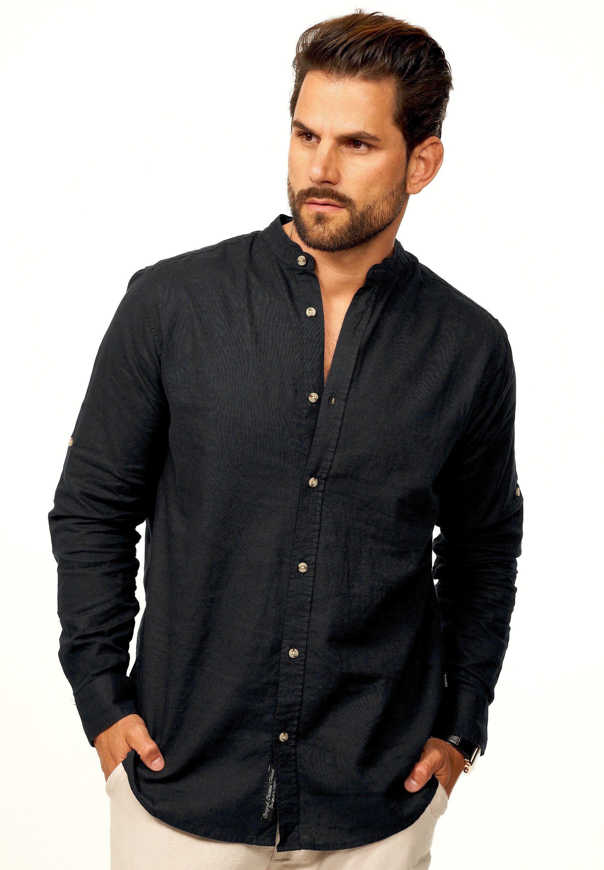 behype Langarmhemd aus Leinen im Regular-Fit Sommerhemd Herren Leinenhemd Freizeithemd mit Stehkragen & Krempelfunktion