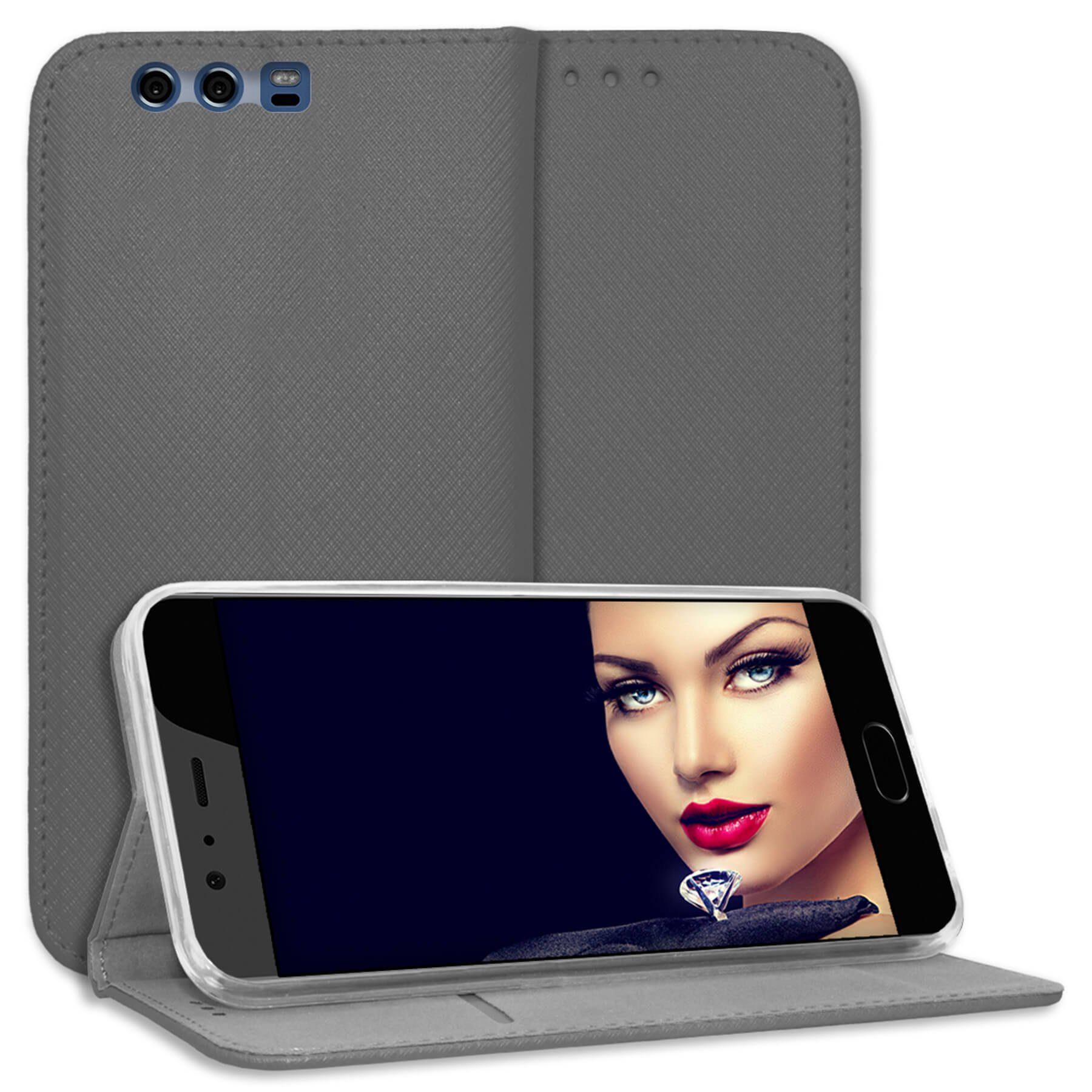 mtb more energy Smartphone-Hülle Smart Magnet für Huawei P10 Plus, Grau, Bookstyle Klapphülle Cover Wallet Case aus Kunstleder