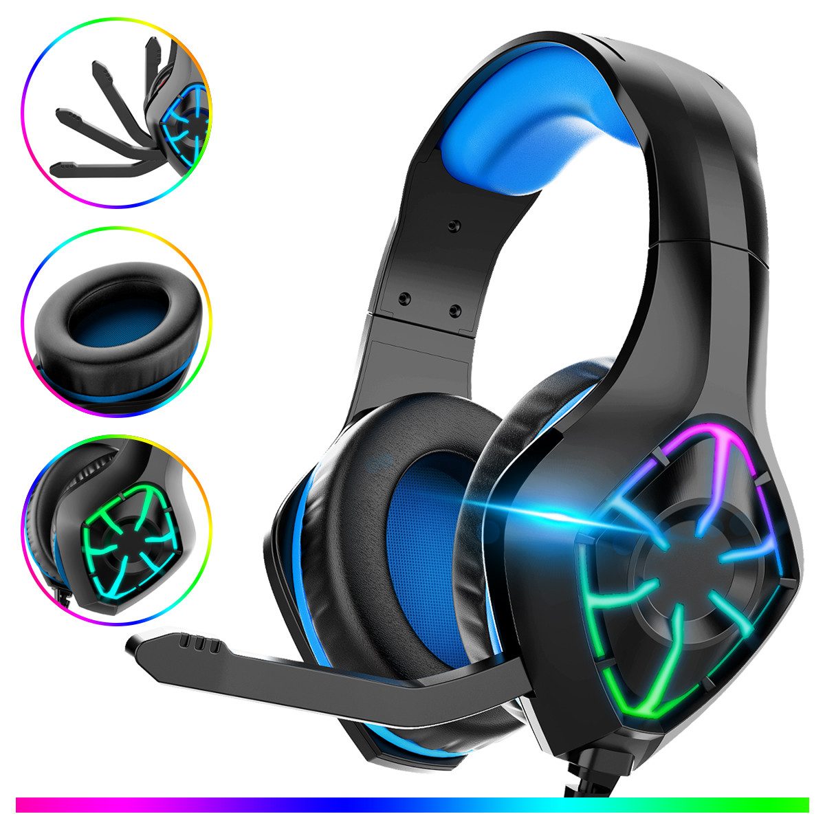 VSIUO Gaming Headset, für PS5/PC/Xbox/Switch, Kopfhörer mit Kabel, RGB Licht Headset (Stereo Kopfhörer mit Mikrofon, Noise Cancelling Gamer Headphones)