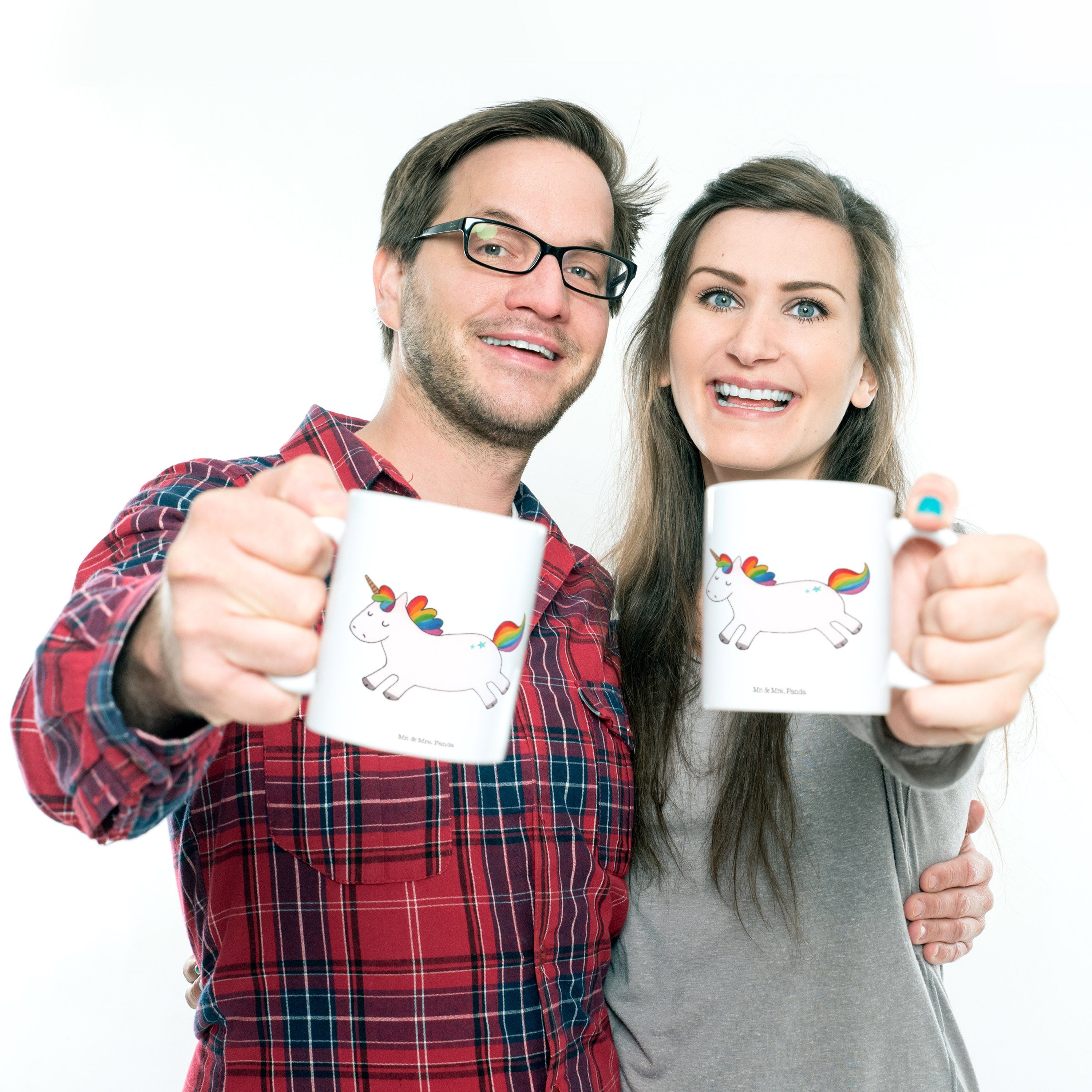 Mr. & Mrs. Panda Kinderbecher Becher, Geschenk, Einhorn - Kunststoff Camping Weiß Kaffeetasse, - Freude, Happy