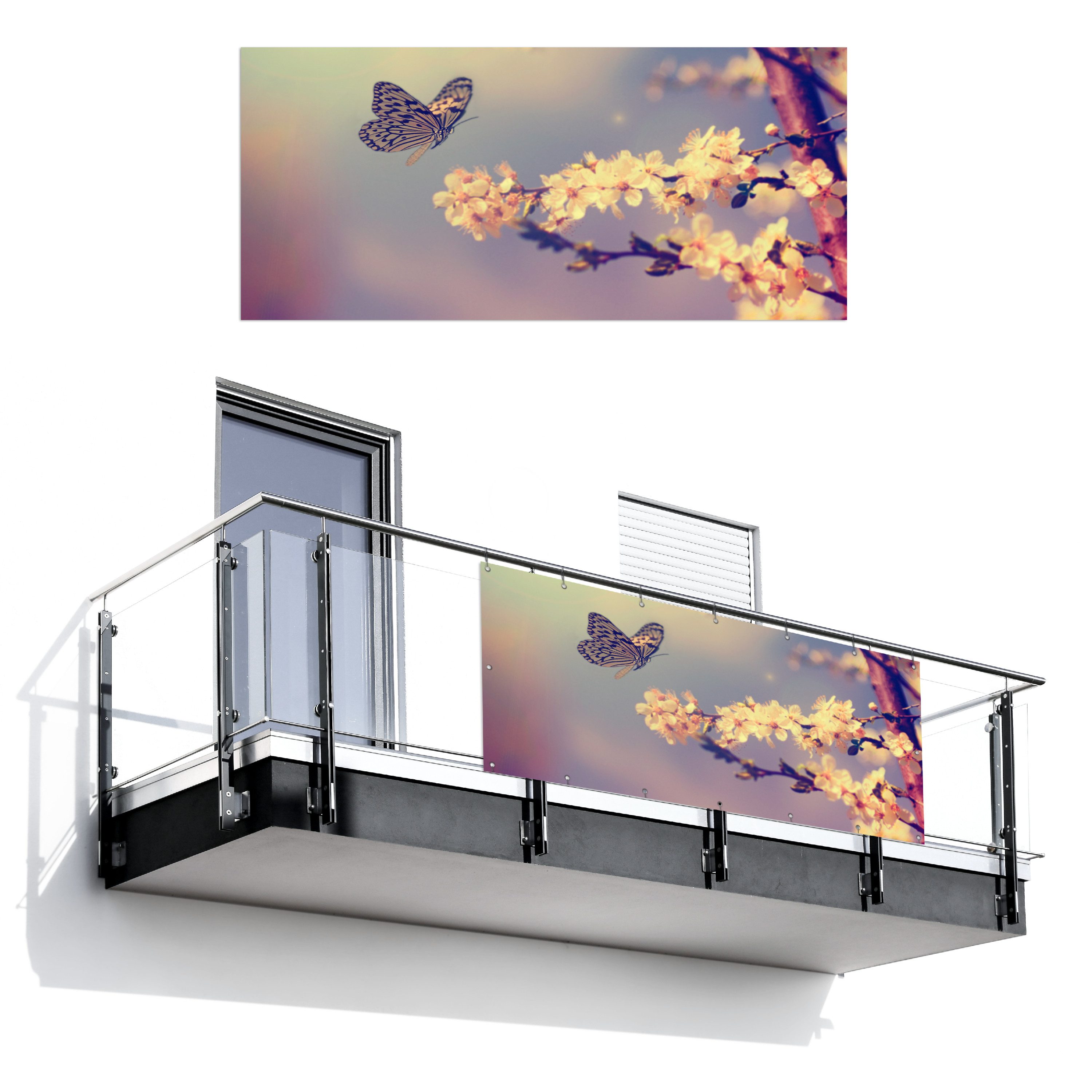 MuchoWow Balkonsichtschutz Schmetterlinge - Blüte - Zweig - Baum (1-St) Balkon Sichtschutz 90x200, Windschutz für Zaun PVC, 200x90 cm