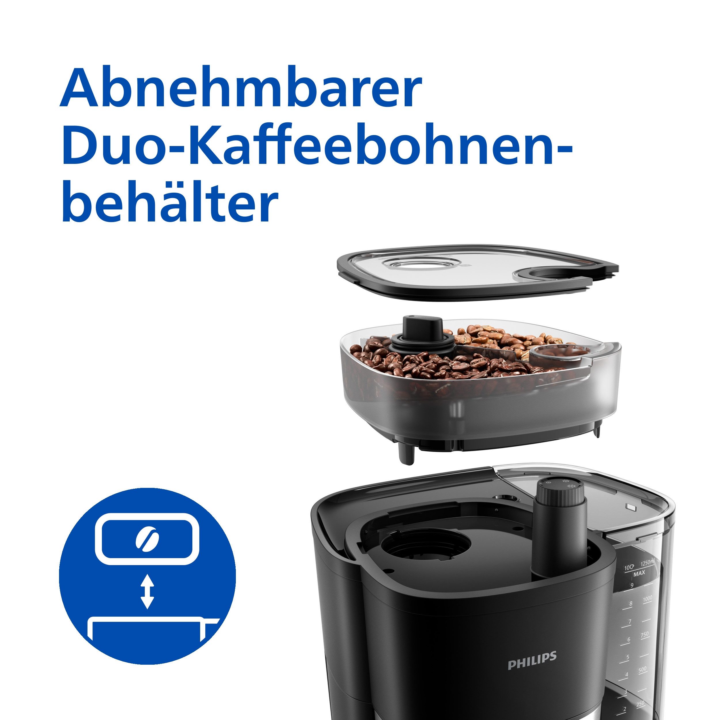 Philips Kaffeemaschine mit Mahlwerk HD7900/90 All-in-1 Brew mit abnehmbarem Duo-Kaffeebohnenbehälter, Permanentfilter 1x4, mit Intensitätseinstellung, Glaskanne, Timer, Permanentfilter inkl.