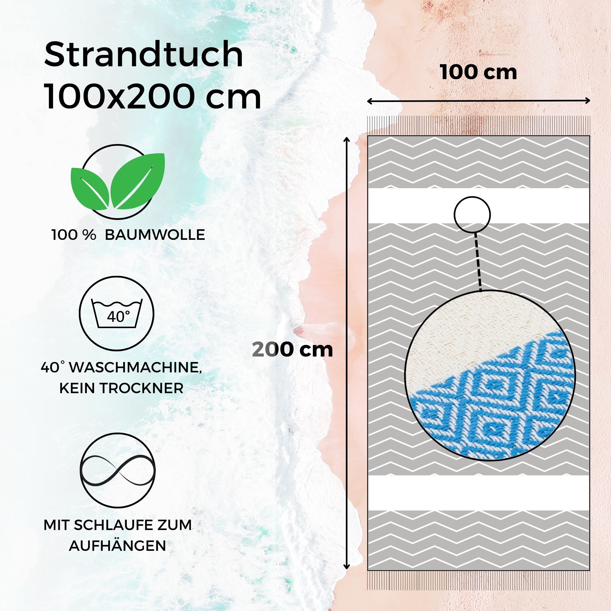 furora HOLIDAY Strandtuch groß 100x200 cm Strand Tuch, aus Baumwolle, Hamamtuch Badetuch, leicht, lang, dünn & kompakt – Bild 3 von 5