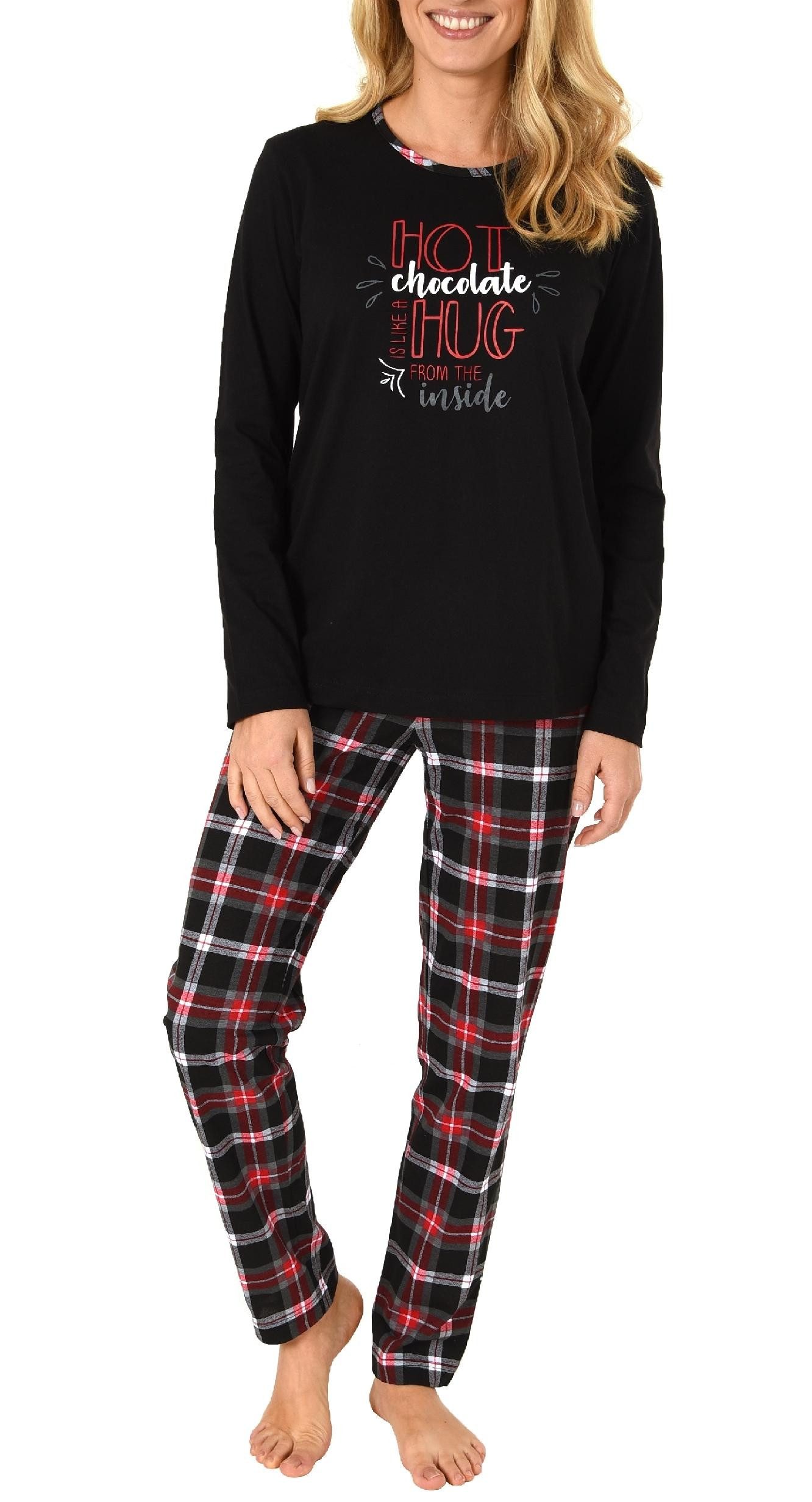 Pyjama Damen Pyjama lang mit Karohose und Frontprint - auch in Übergrößen