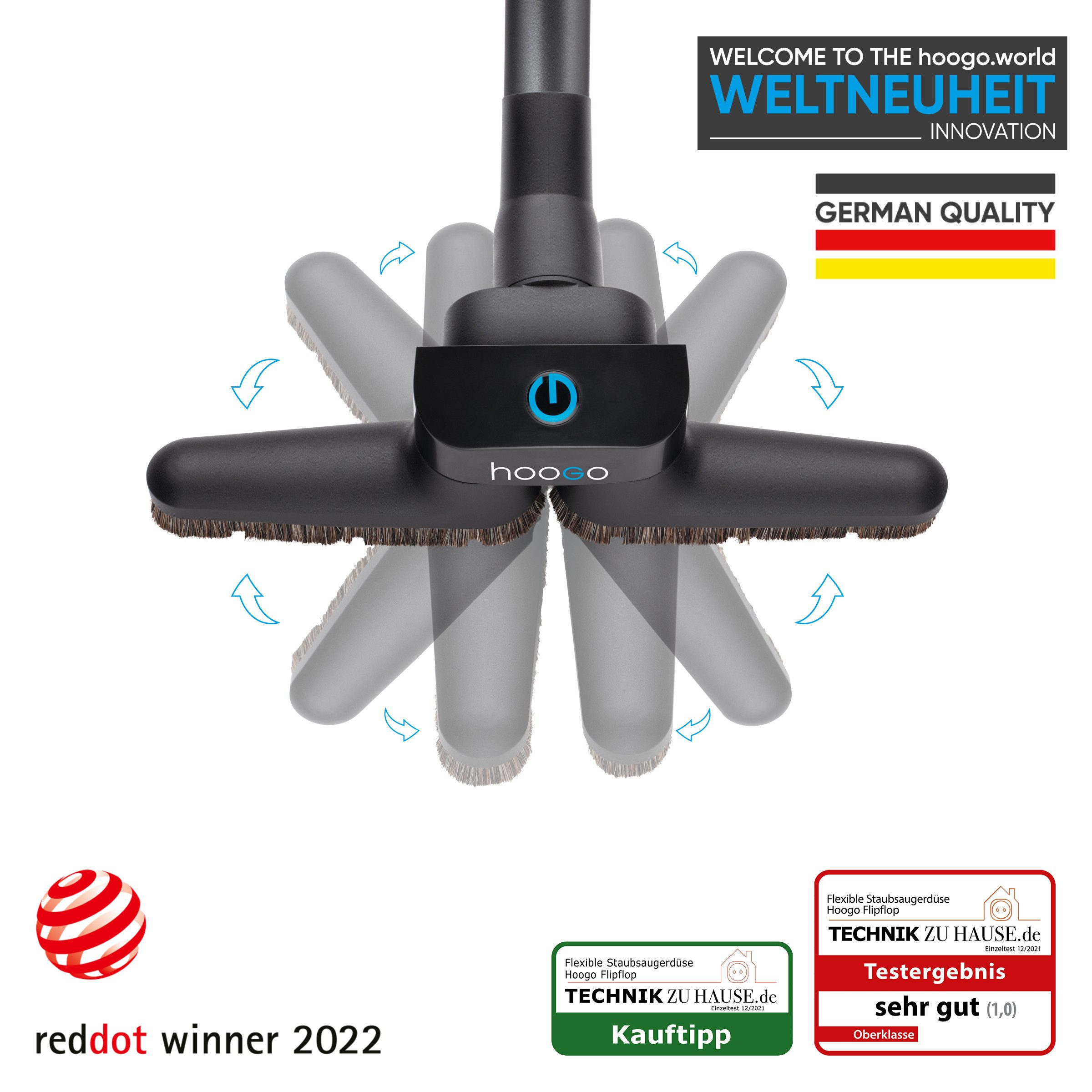 hoogo Teppichdüse hoogo flipflop Flexdüse, Zubehör für Modell hoogo B3+ und alle handelsüblichen, kabelgebundenen Bodenstaubsauger mit rundem 32/35 mm Saugrohr, mit optionalem Adapter auch geeignet für Dyson Modelle V10, V11, und V15, Flex Düse 35mm / 32mm, alle Bodenstaubsauger, integrierter Möbelschutz