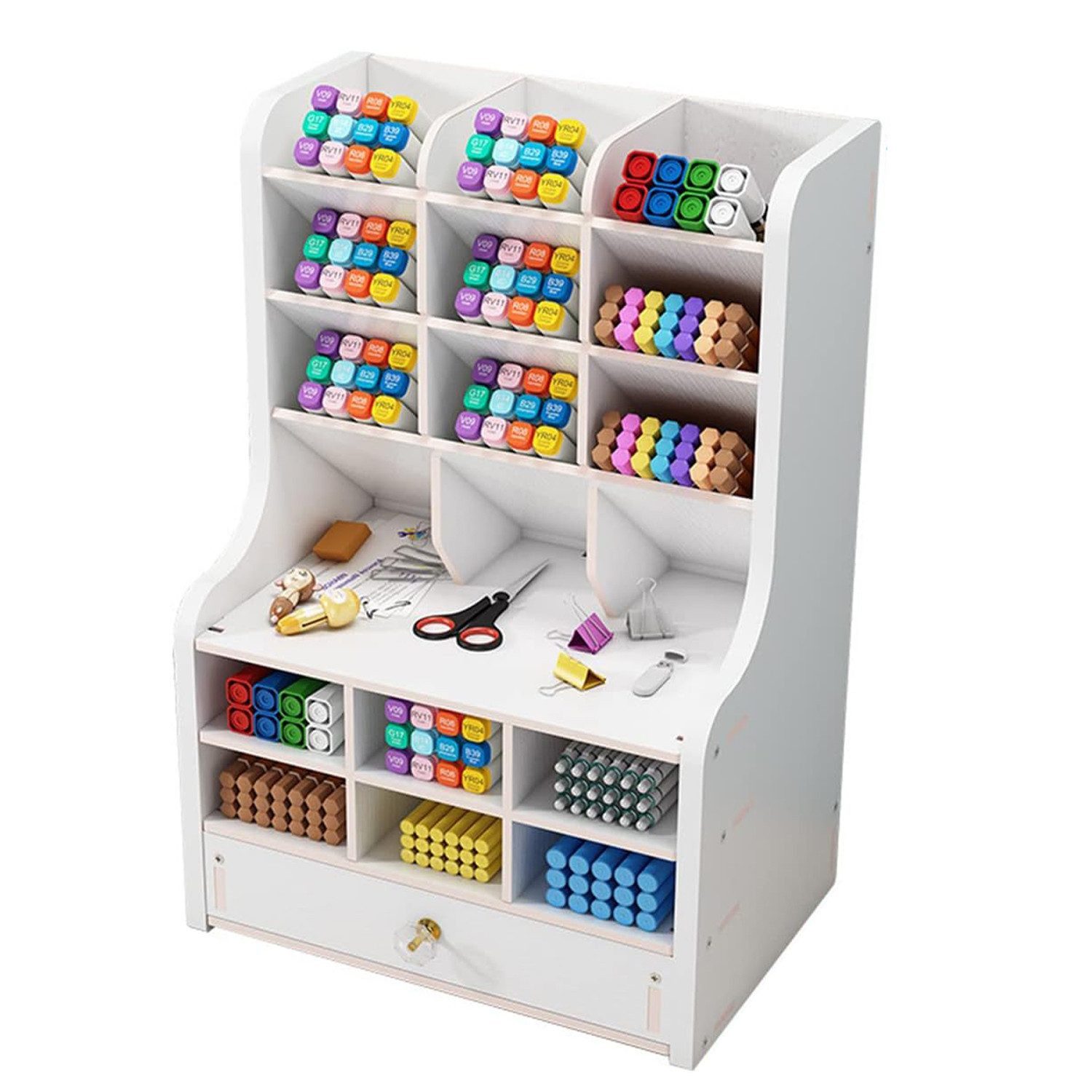 STILVORA Organizer Schreibtisch Organizer Stiftehalter Make Up Organizer mit Schubladen (28x15x32 cm platzsparend und multifunktional, 1 St., 9x Kippfächer 6x Fächer mit flachem Boden 1x ausziehbare Schublade), Marker Halter für Büro Schule Kosmetik Aufbewahrung