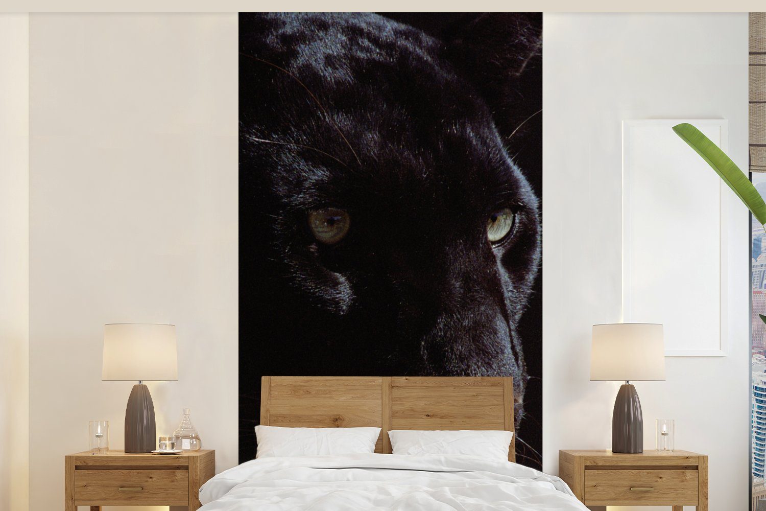 MuchoWow Fototapete Panther - Tier - Schwarz, Matt, bedruckt, (2 St), Vliestapete für Wohnzimmer Schlafzimmer Küche, Fototapete