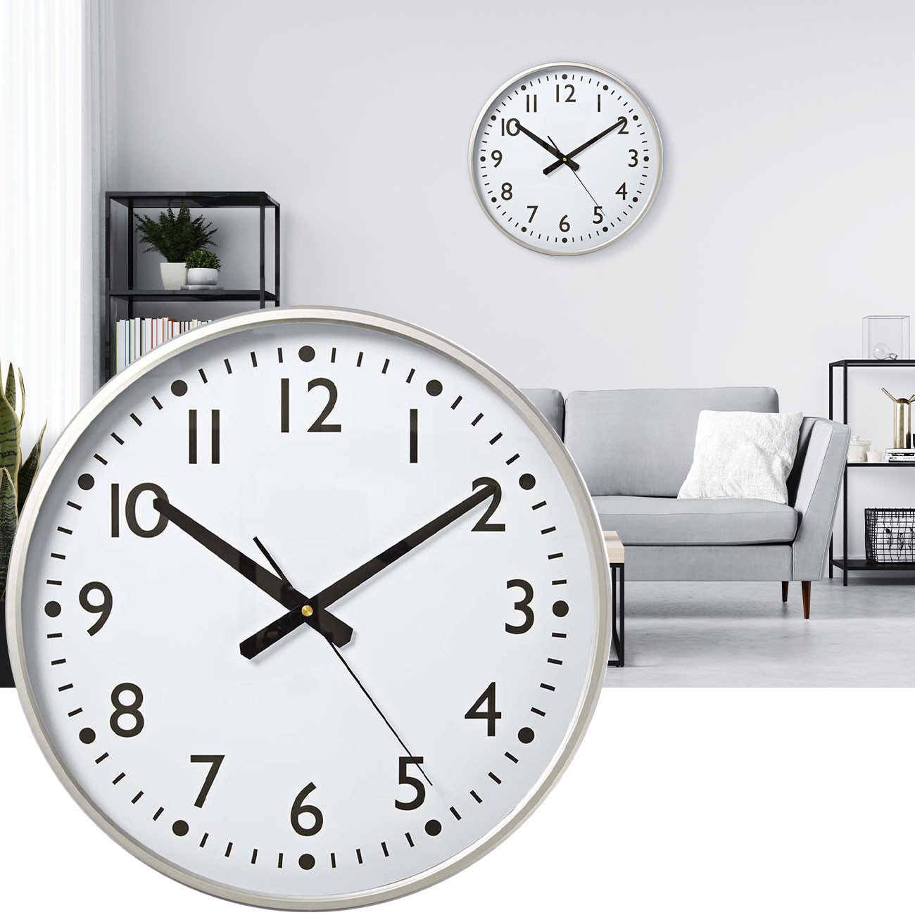 Nedis Wanduhr Ø38cm silber-weiß, leises Präzisions-Quarzuhrwerk