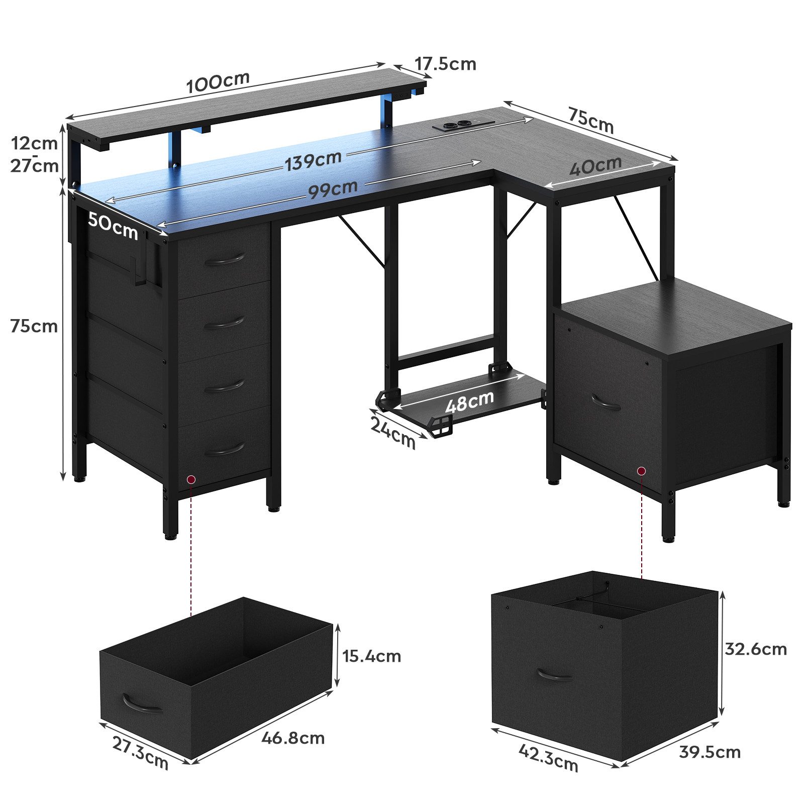 HOMALL Eckschreibtisch 140/160 cm Schreibtisch mit Schubladen, Monitorhalterung, Gaming-Tisch (Monitorarm hohenverstellbar von 12 bis 27 cm, mit 5 mit Stof ausgekleideten Schubladen, Montageoption links/rechts, Platz fur Drucker)