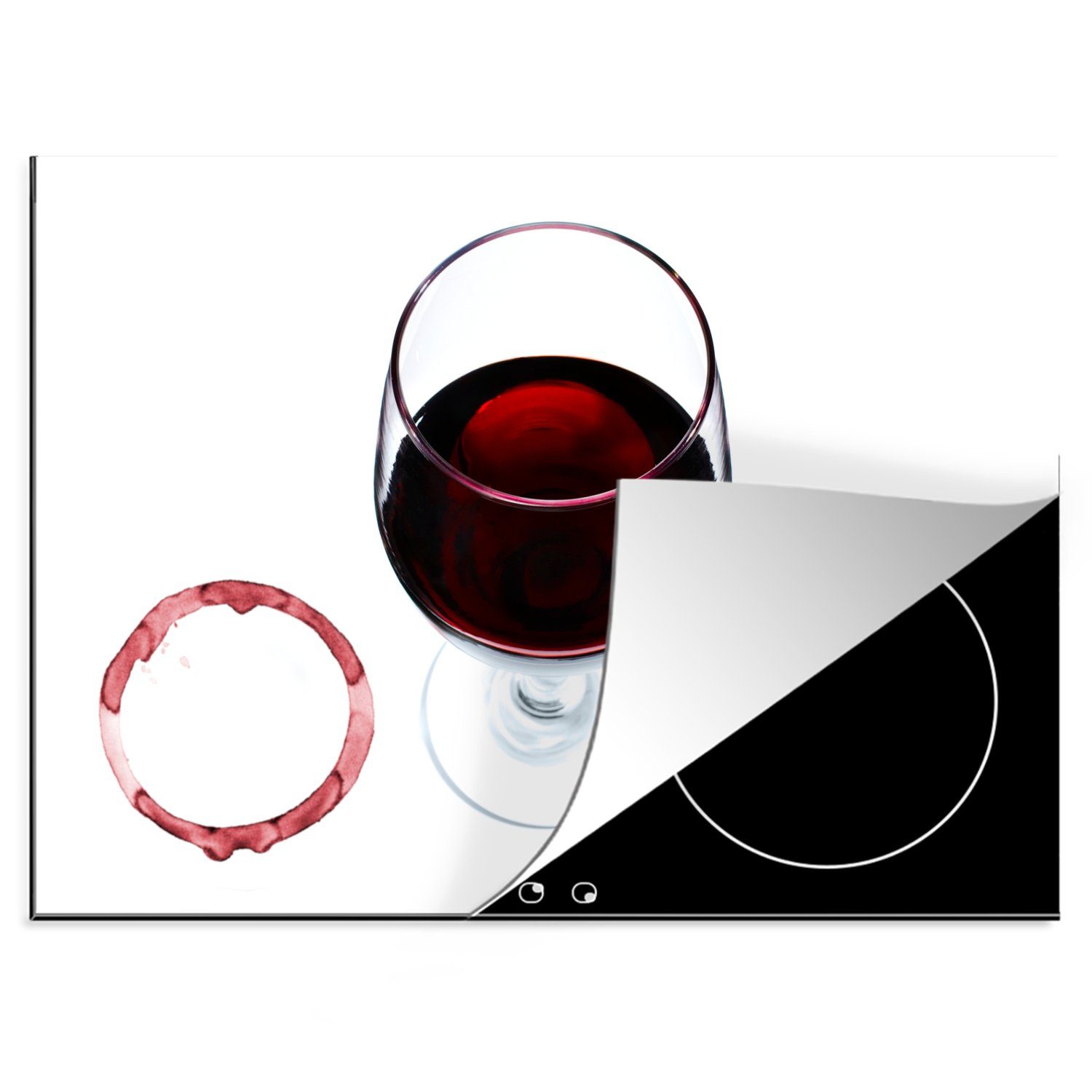 MuchoWow Herdblende-/Abdeckplatte Rotwein und Ringe auf einem weißen Hintergrund, Vinyl, (1 tlg), 70x52 cm, Mobile Arbeitsfläche nutzbar, Ceranfeldabdeckung