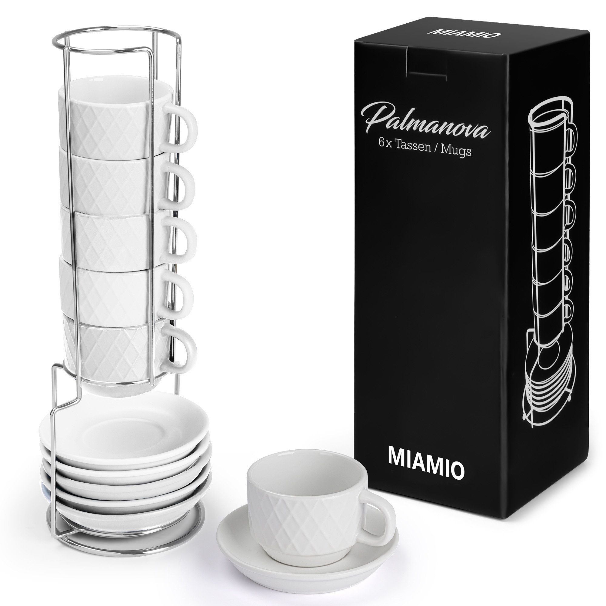 MiaMio Espressotasse MIAMIO – 6 x 75 ml Espresso Tassen / Espressotassen Set mit Ständer weiß