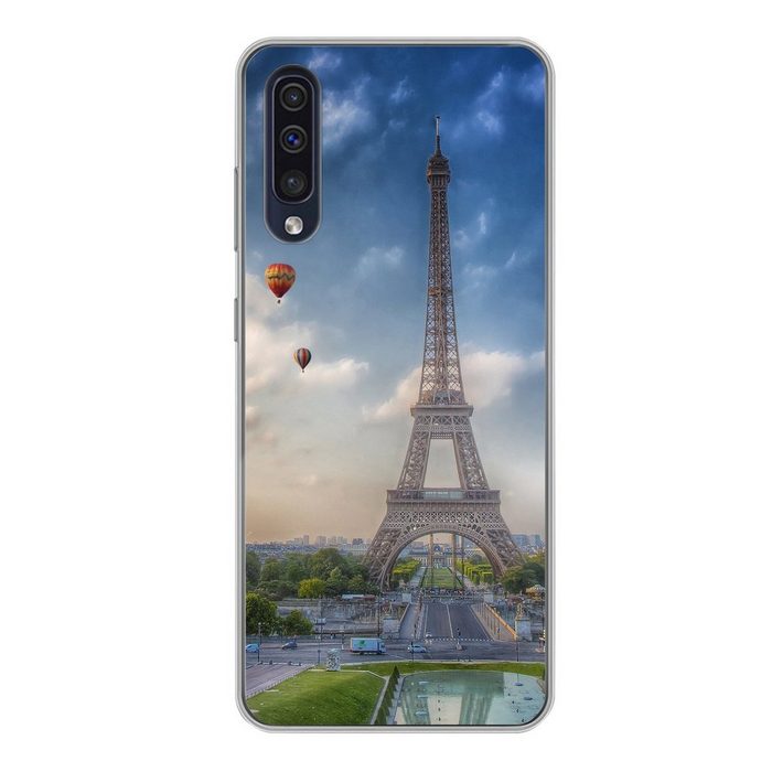 MuchoWow Handyhülle Der Eiffelturm mit Heißluftballons im Hintergrund über Paris Handyhülle Samsung Galaxy A50 Smartphone-Bumper Print Handy