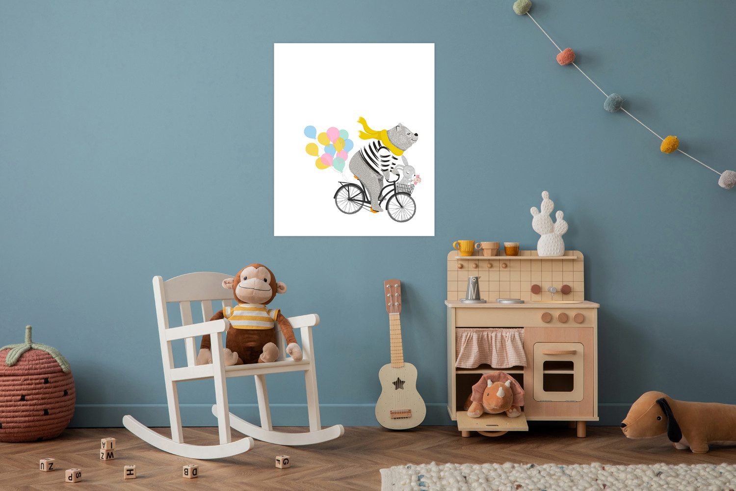 Bild mit Rahmen oder Poster, Bär mit Hase auf Fahrrad