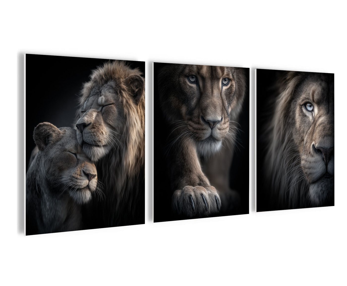 artissimo Mehrteilige Bilder Wandbilder-Set 3er-Set / moderne Wanddeko / Wohnzimmer Schlafzimmer, Tiere: Löwen-Portraits in schwarz braun
