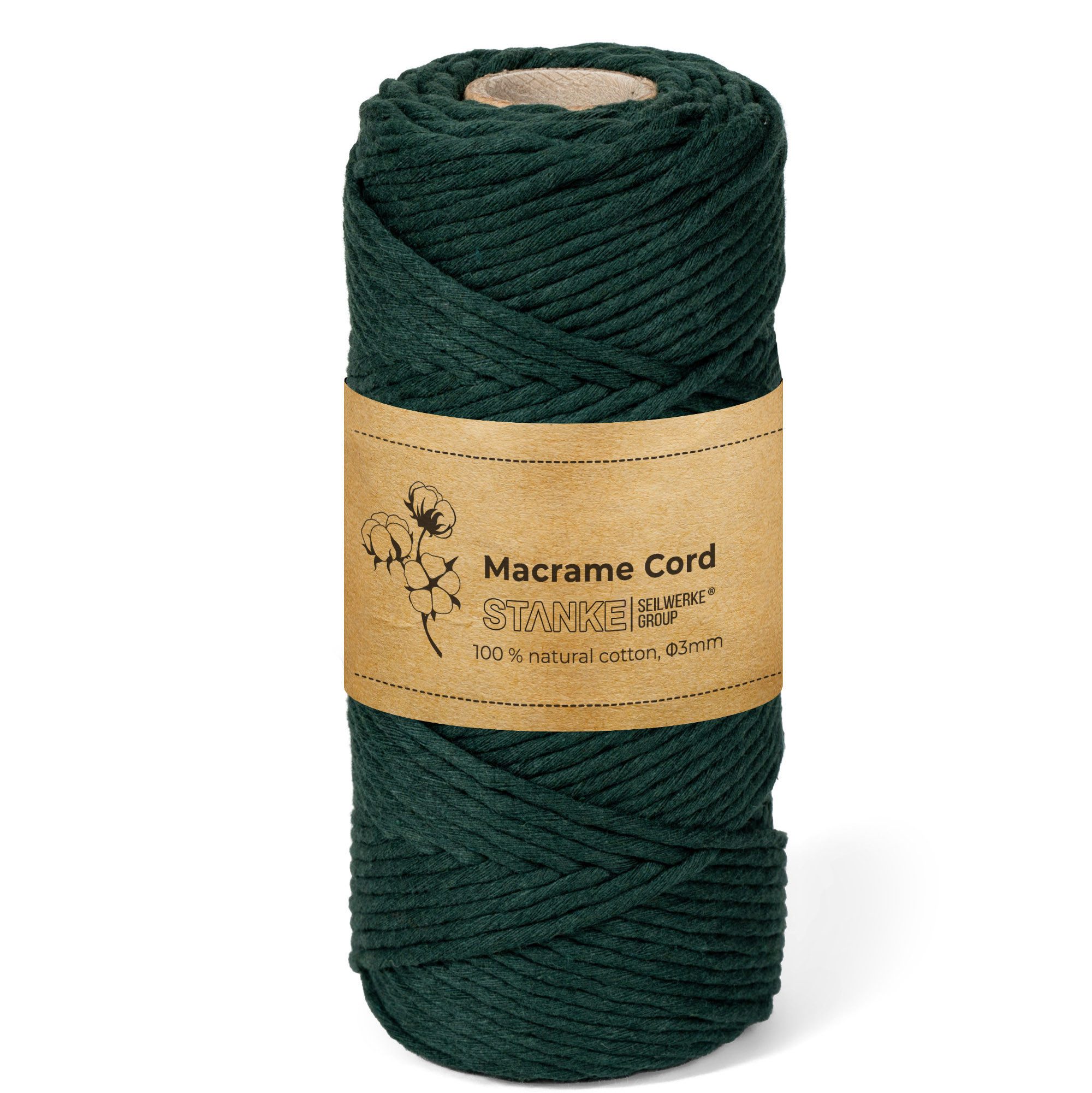 STANKE Makramee Garn 3mm 100 m Farbe Grün - Baumwollgarn für Boho Bastelgarn, 100 m (100m Rolle, 1-St., 100m Rolle), DIY, Körbchen, Traumfänger für Untersetzer, Taschen 100% Baumwolle