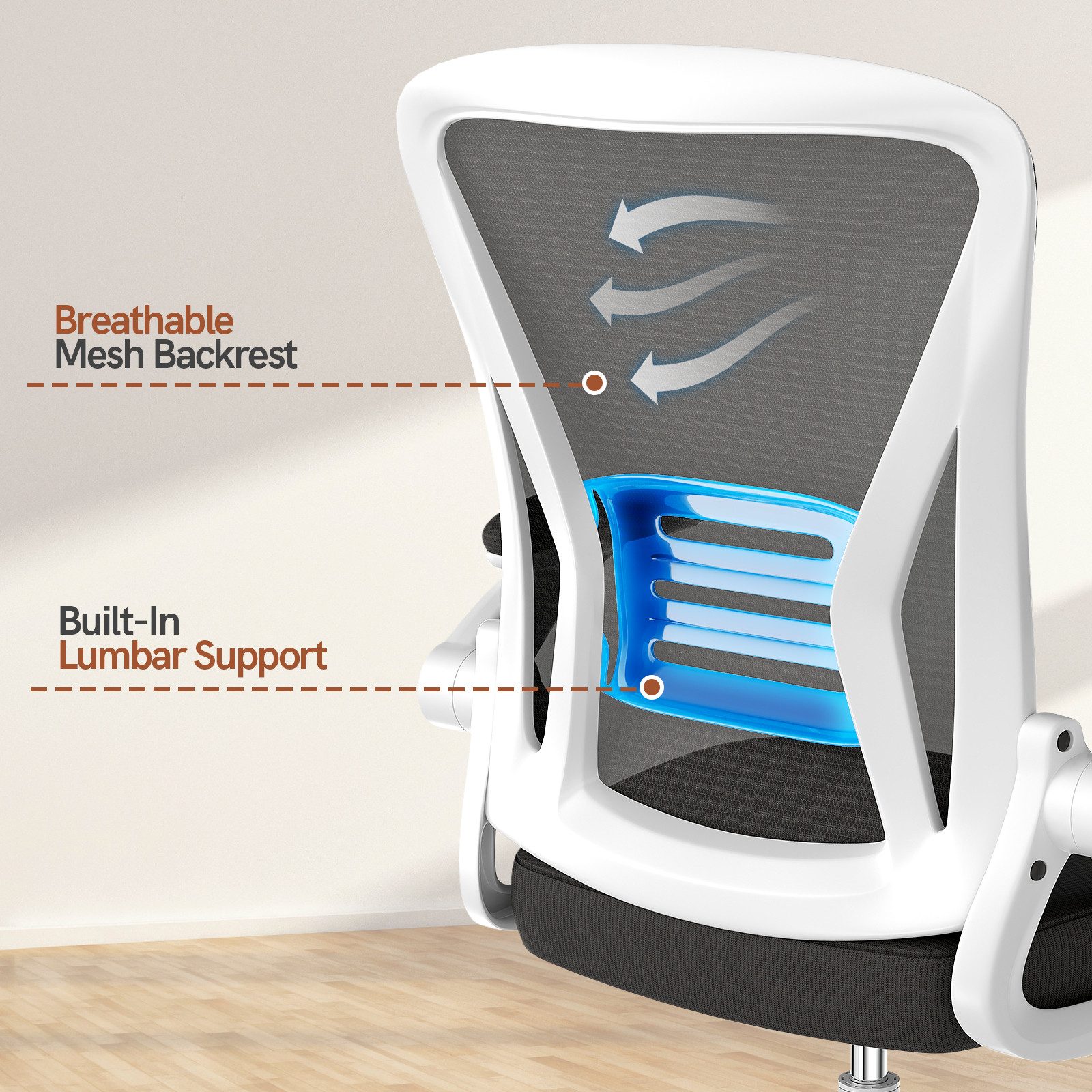 Gywowken Bürostuhl Schreibtischstuhl mit Atmungsaktiv Netzbespannung, Sessel mit 90° klappbarer Armlehne – Lordosenstütze – höhenverstellbar