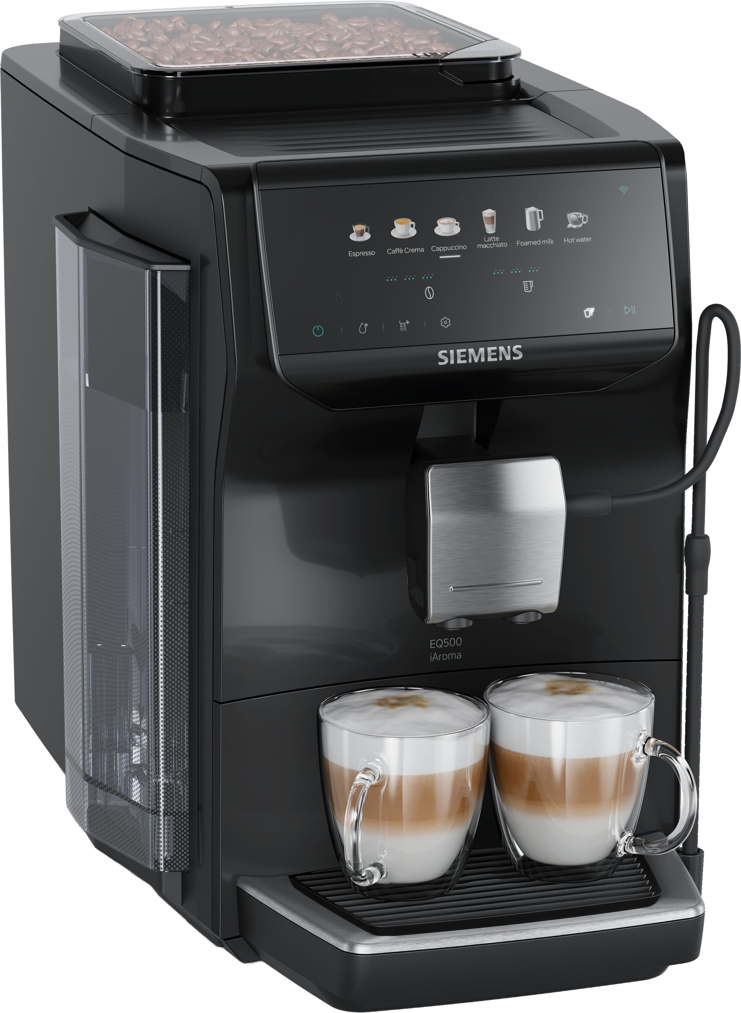 SIEMENS Kaffeevollautomat EQ500 TP551E07, Doppeltassenfunktion, 6 Getränke, einfache Reinigung, mit Milchschlauch, Keramikmahlwerk, entnehmbare Brüheinheit, Schwarz