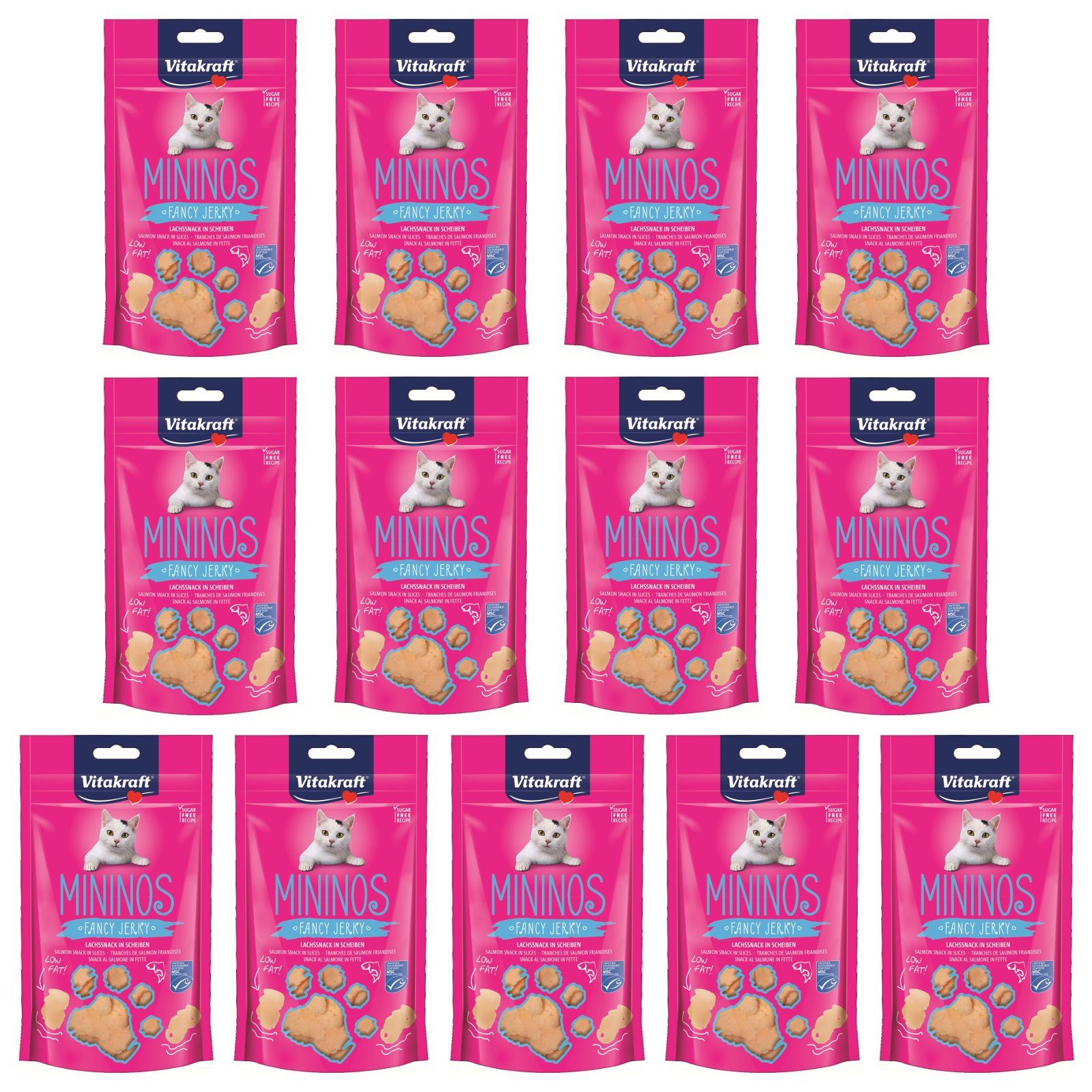 Vitakraft Katzensnack Mininos, Lachssnack in Scheiben, 13x 40g, Snack für: Katzen