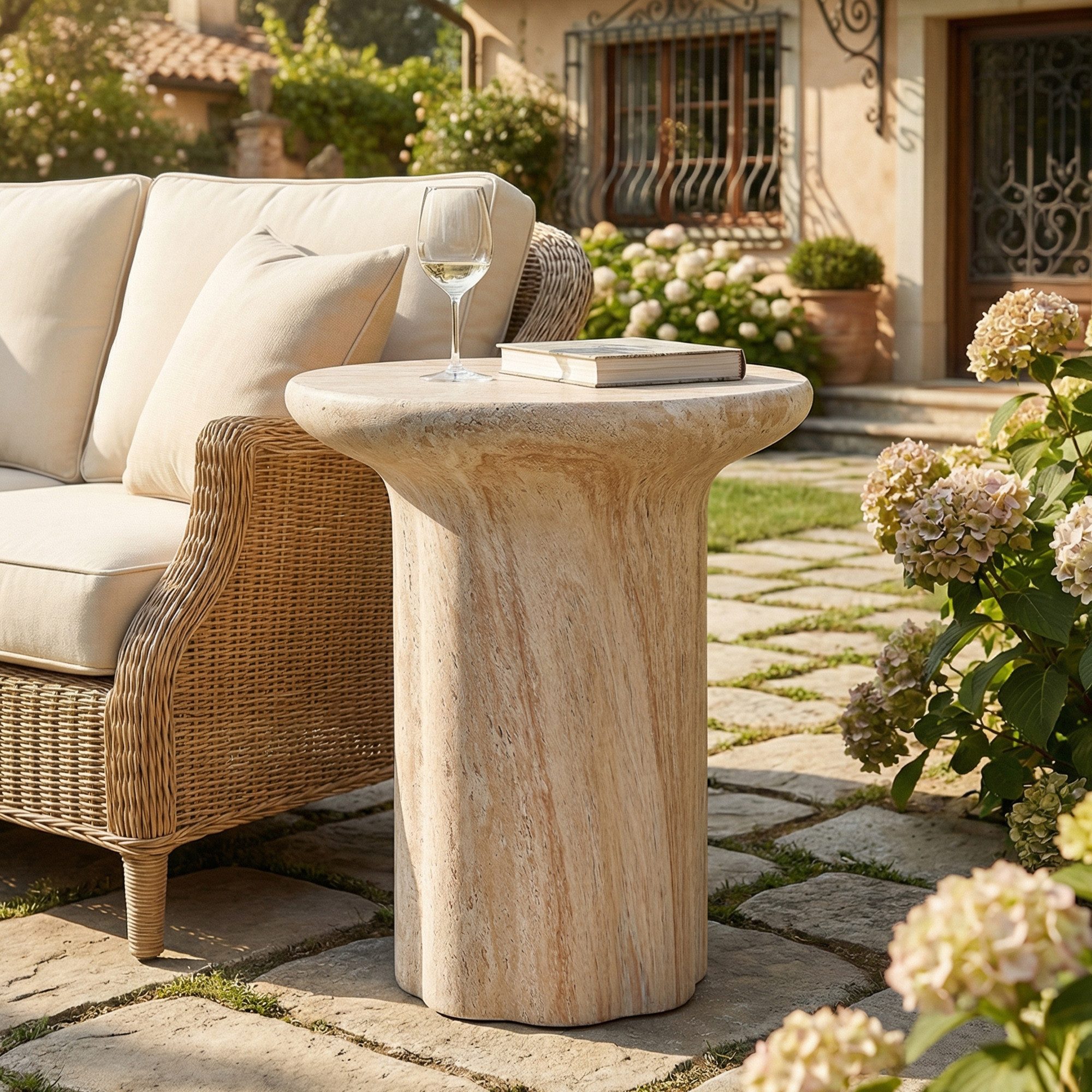Merax Gartentisch Outdoor runder Beistelltisch aus MgO, Travertinoptik (1-St., B40cm/H46cm), Wetterfest Balkontisch Couchtisch für Innen- und Außenbereich