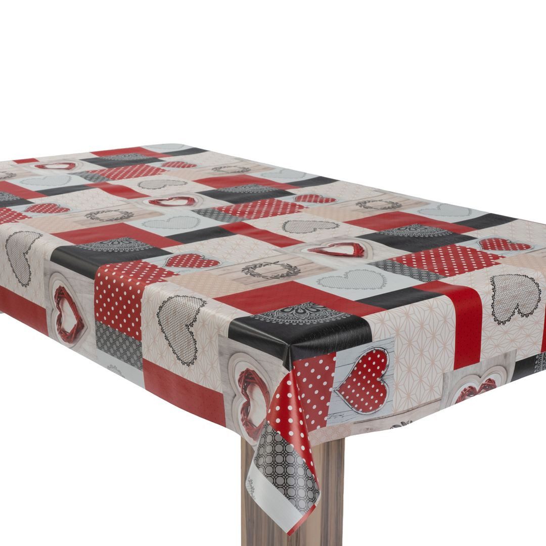 laro Tischdecke Wachstuchtischdecke Herzen Landhaus Rot-Grau PVC Eckig