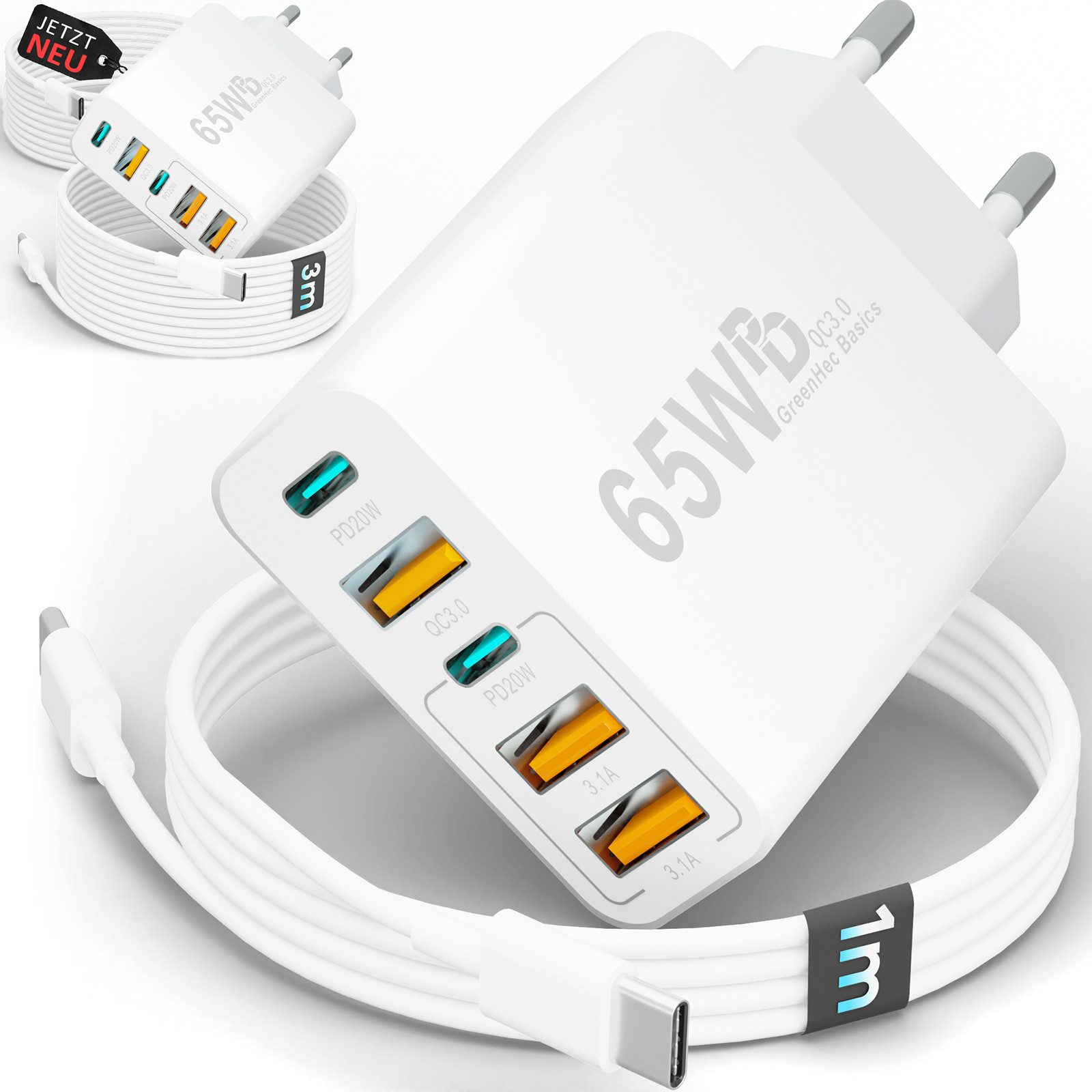 GreenHec USB Ladegerät + Kabel Charger Stecker Netzteil Adapter iPhone Schnelllade-Gerät (65 mA, Spar-Set, Universelle Kompatibilität, Smasung Google Xiaomi 1m 2m 3m Mehrfach Adapter)