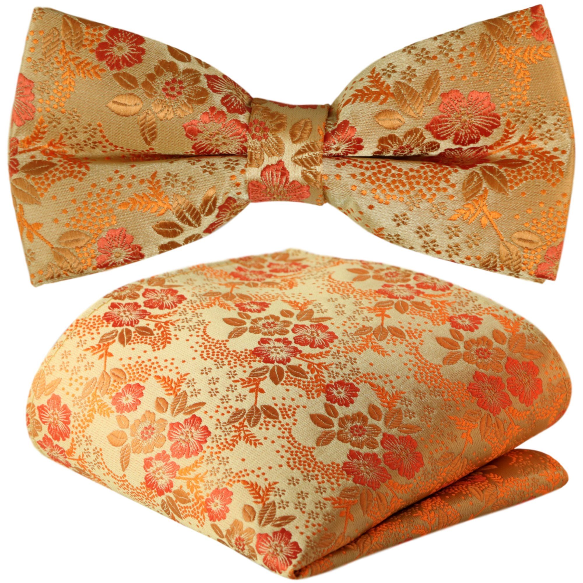 GASSANI Fliege Herrenschleife, Vor-Gebunden Bunt Schleife Floral, Paisley Seide Einstecktuch) Hochzeitsfliege Champagner-Apricot Blumen, Geblümt Pastell-Orange Satin, Verstellbar, Tuch Jacquard mit Koralle 2-St., Hochzeit Festlich, (Set, Touch Herren-Fliege Gelb