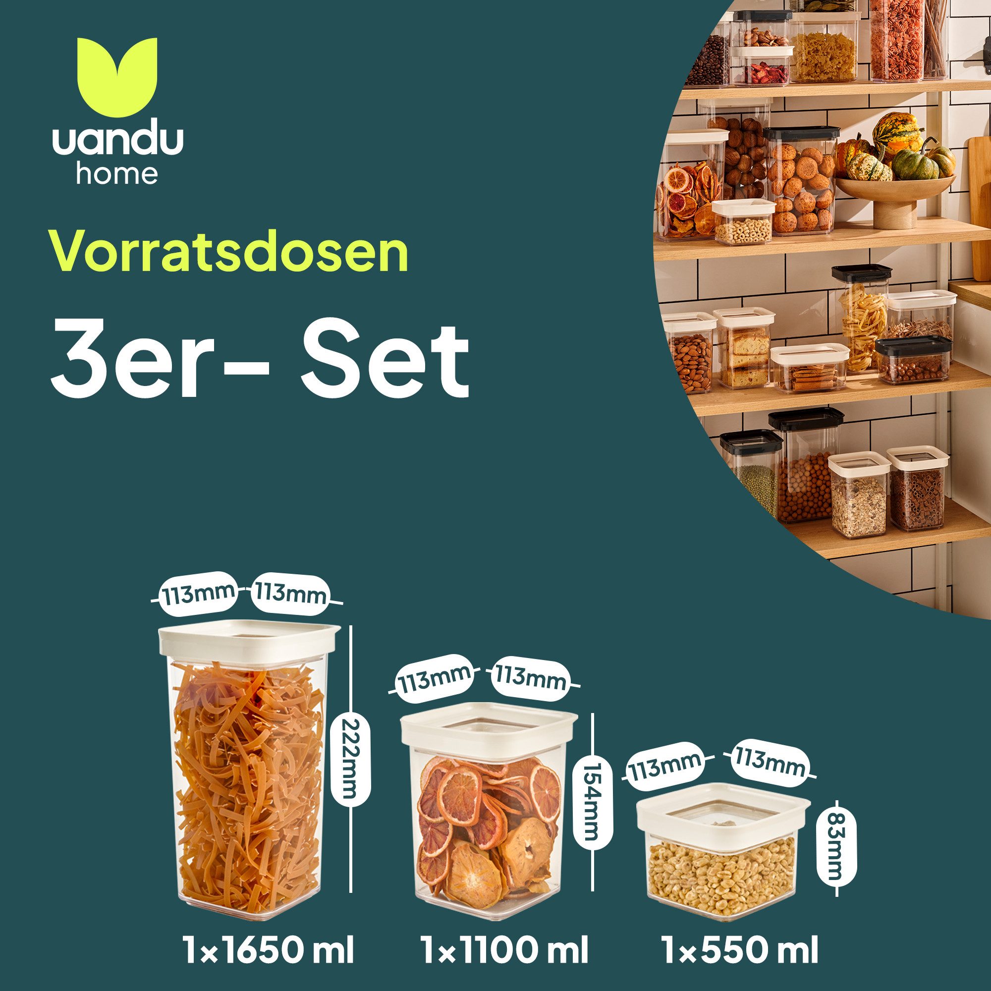 uandu home Vorratsdose Vorratsdosen mit Deckel Luftdicht, Vorratsbehälter Set, (Aufbewahrungsbox Küche Aufbewahrung & Organisation, BPA Frei, Küchen Organizer, Vorratsdosen für alle trockenen Lebensmittel)