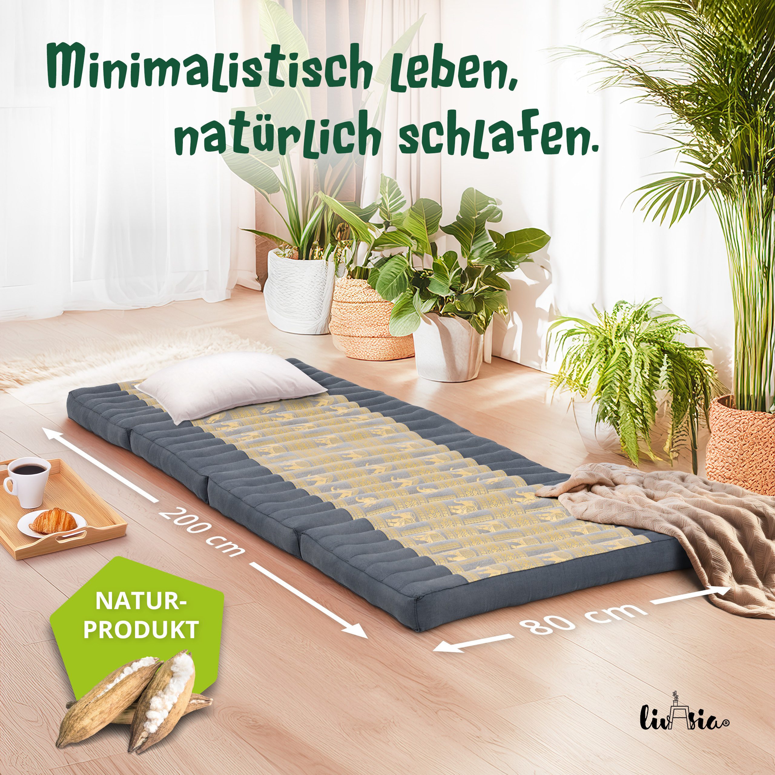 Klappmatratze Klappmatratze 80 cm (Deluxe) vegan und handgefertigt, 200x80x8cm, livasia, 8 cm hoch, Kapok