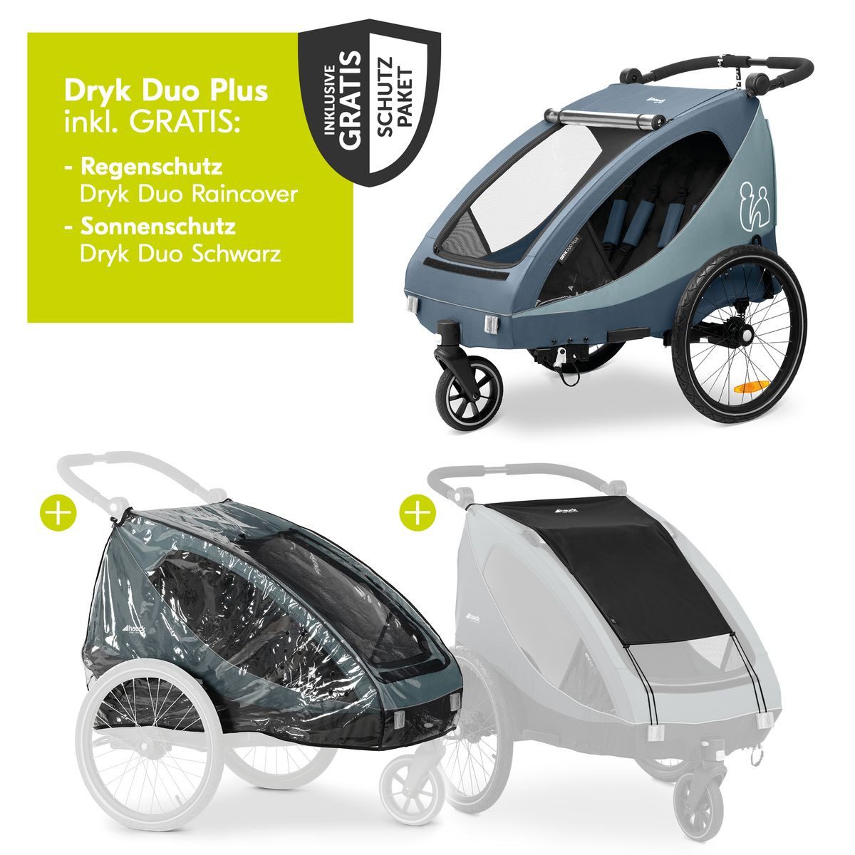 Hauck Fahrradkinderanhänger Dryk Duo Plus - Dark Blue, Fahrradanhänger Buggy für 2 Kinder mit Regen-& Sonnenschutz bis 44 kg
