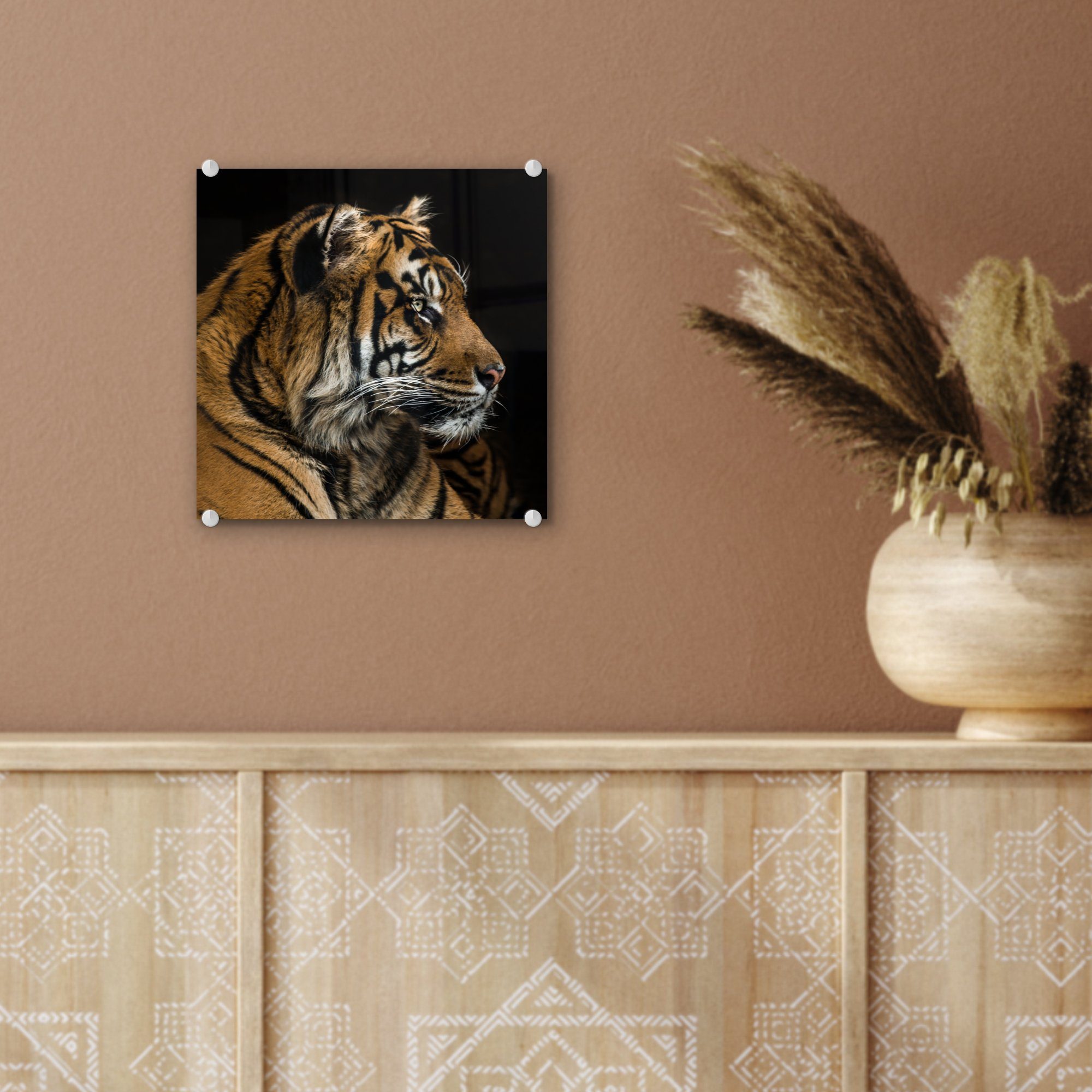 Glas - - Glas Tierkopf - Tiger Bilder Wandbild Wanddekoration Foto - auf Schwarz, - St), Acrylglasbild (1 auf MuchoWow Glasbilder
