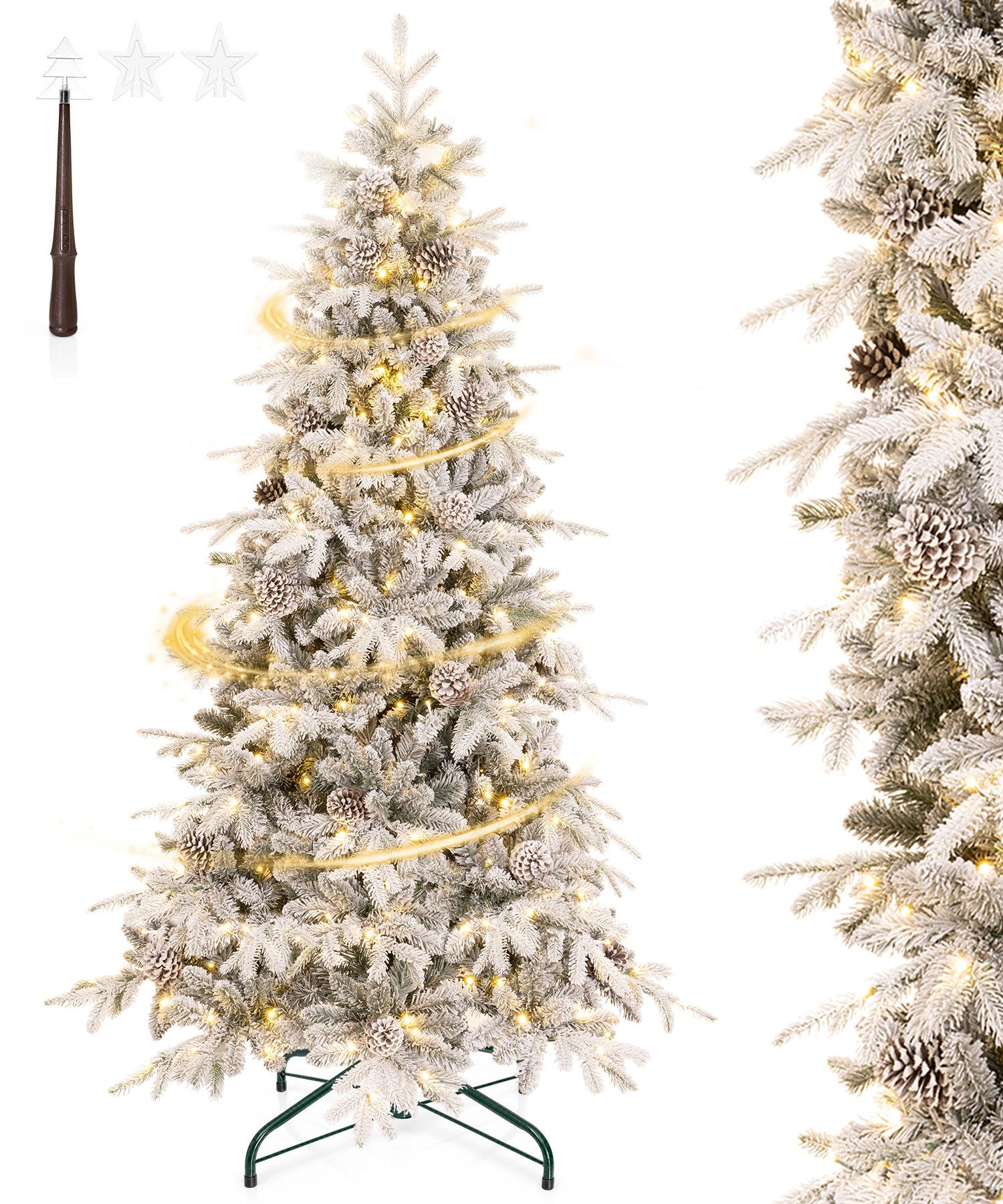 Yorbay Künstlicher Weihnachtsbaum Naturgetreuer Kunstbaum mit Schnee,Tannenzapfen und Zauberstab, 150/180/210 cm Höhen, mit Ständer, Mit 210 LEDs 788 Zweigspitzen und stabilem Kreuzständer aus Eisen