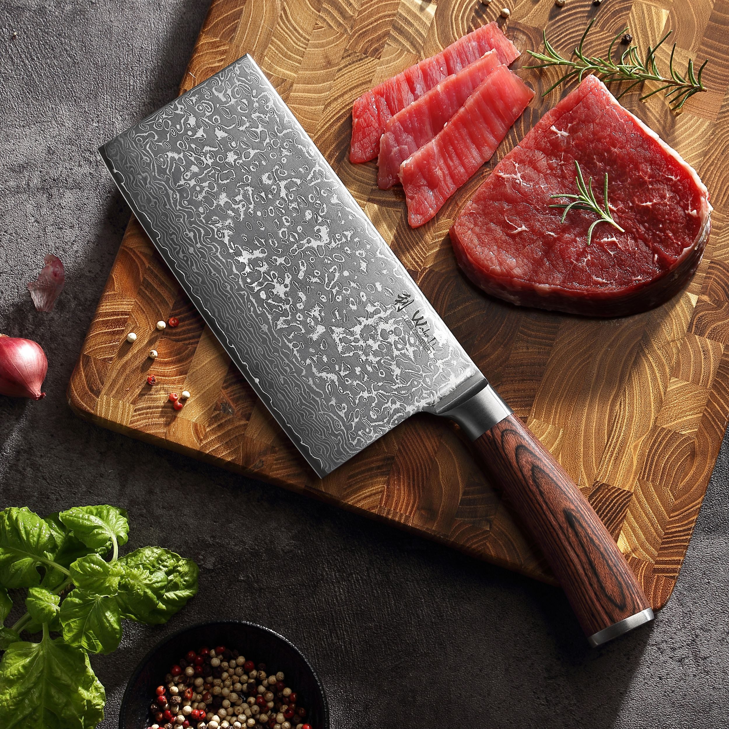Wakoli Hackmesser EDIB Sakura Damast Hackmesser Küchenmesser 19 cm Klinge