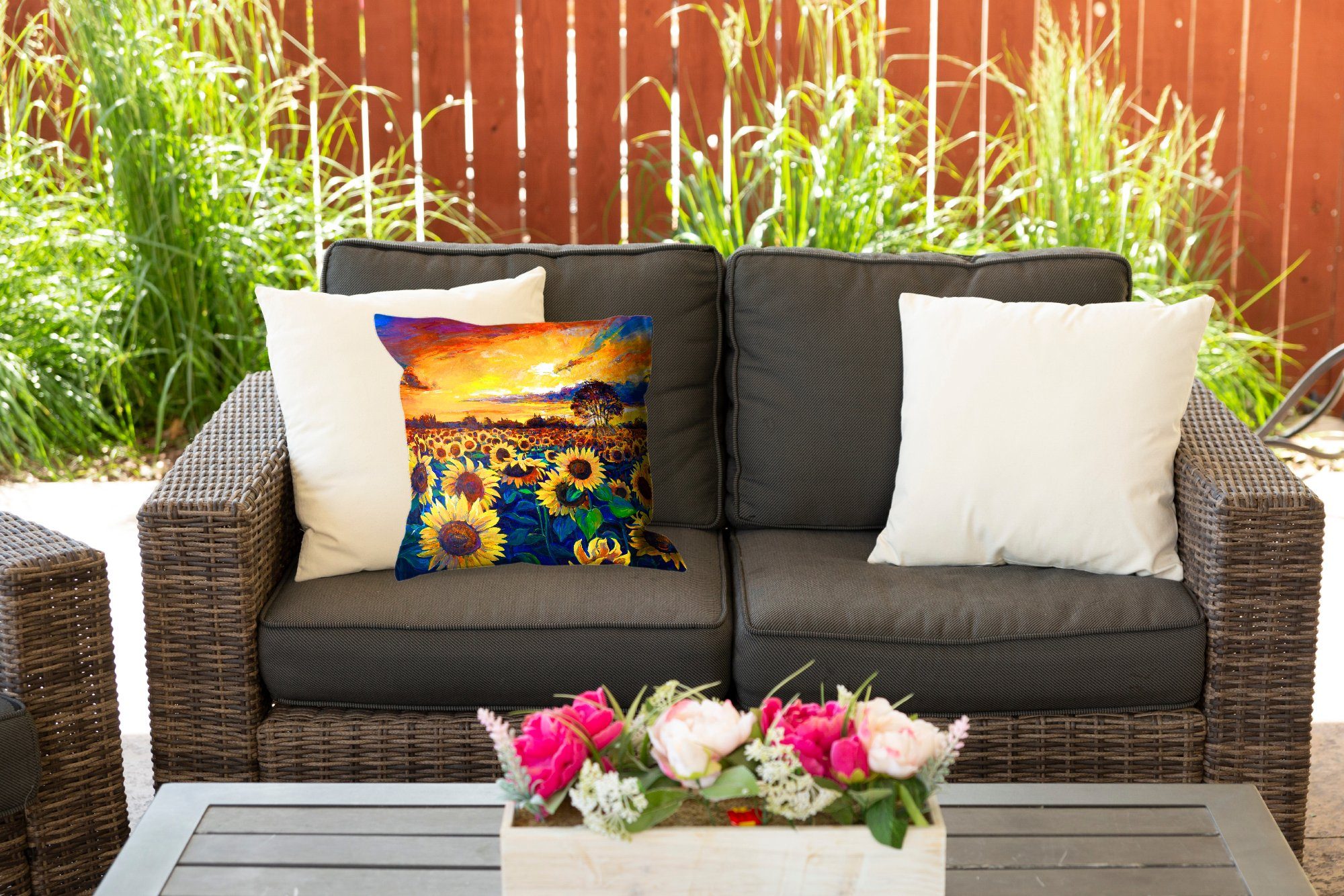 Gemälde Outdoor - Ölfarbe Blumen - MuchoWow - Dekokissen, Dekokissen Sonnenblume, Kissenhülle, Dekokissenbezug, Kissenbezüge,