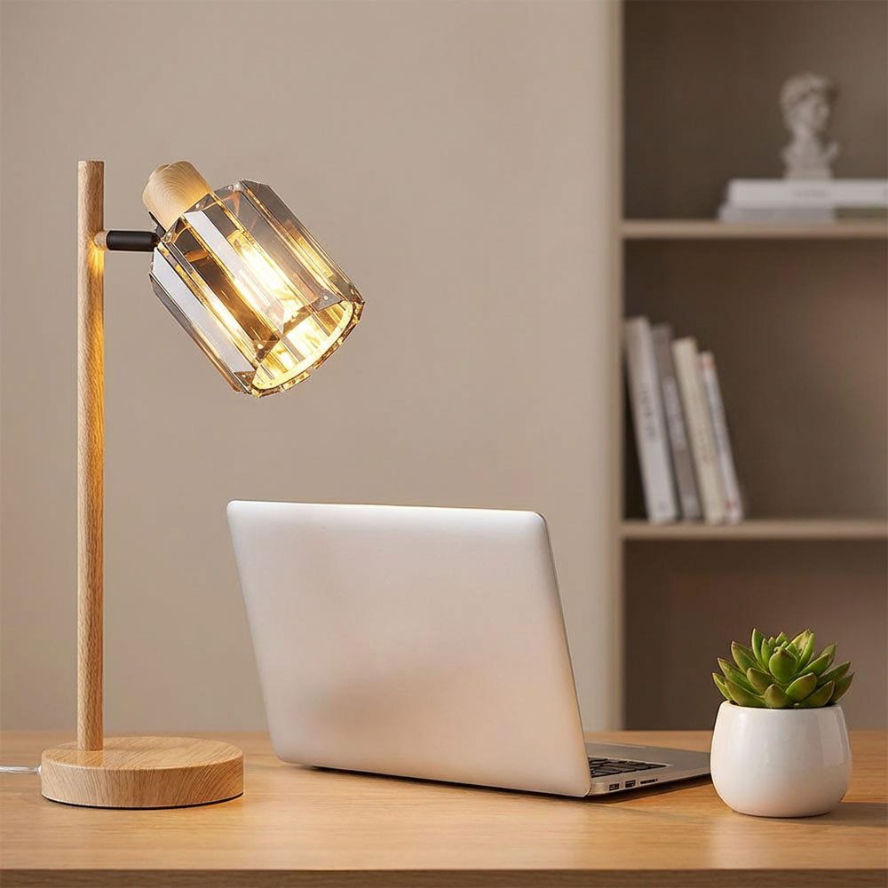 NOWA Schreibtischlampe, Leuchtmittel inklusive, Warmweiß, LED Tischlampe Tischleuchte Nachttischleuchte Kristalle Holzoptik