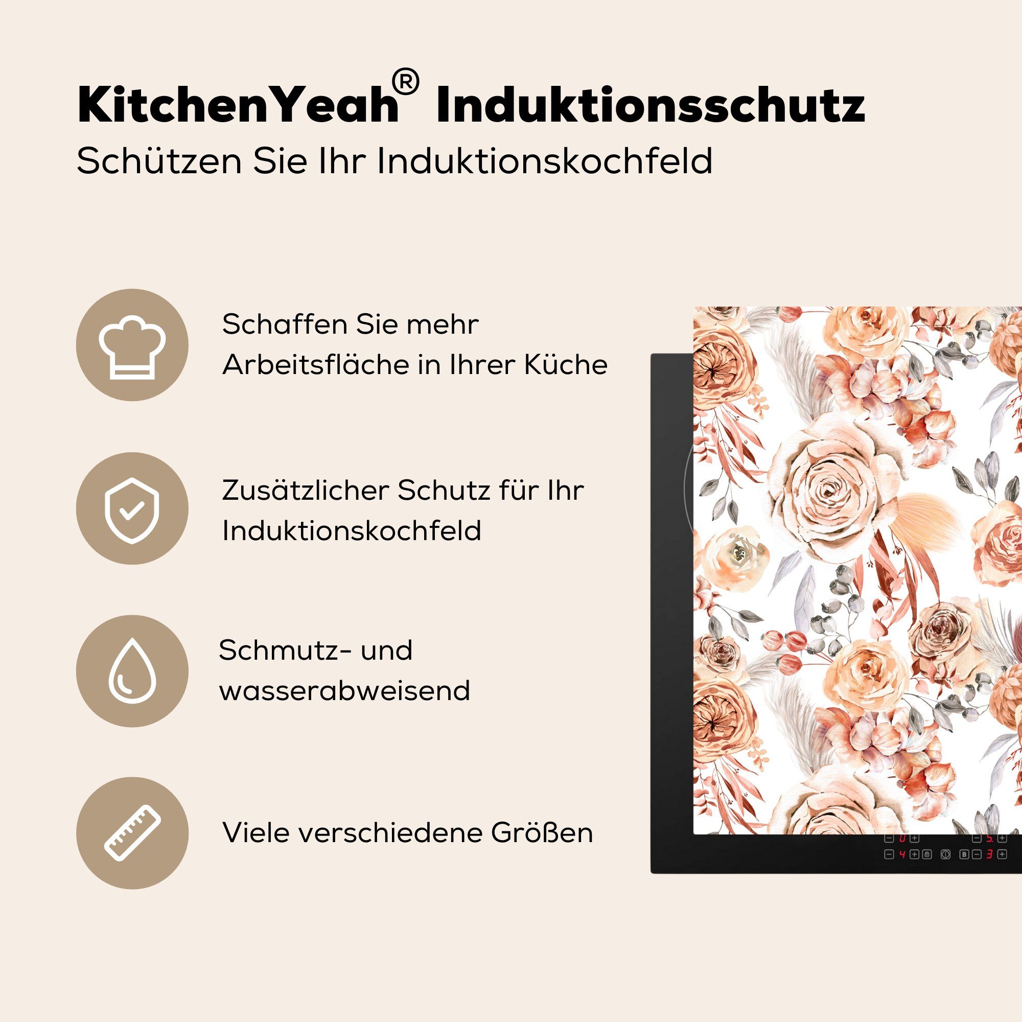 Vinyl, für Ceranfeldabdeckung, - Arbeitsplatte Blumen cm, tlg), Muster, 78x78 - MuchoWow (1 Bohème küche Herdblende-/Abdeckplatte