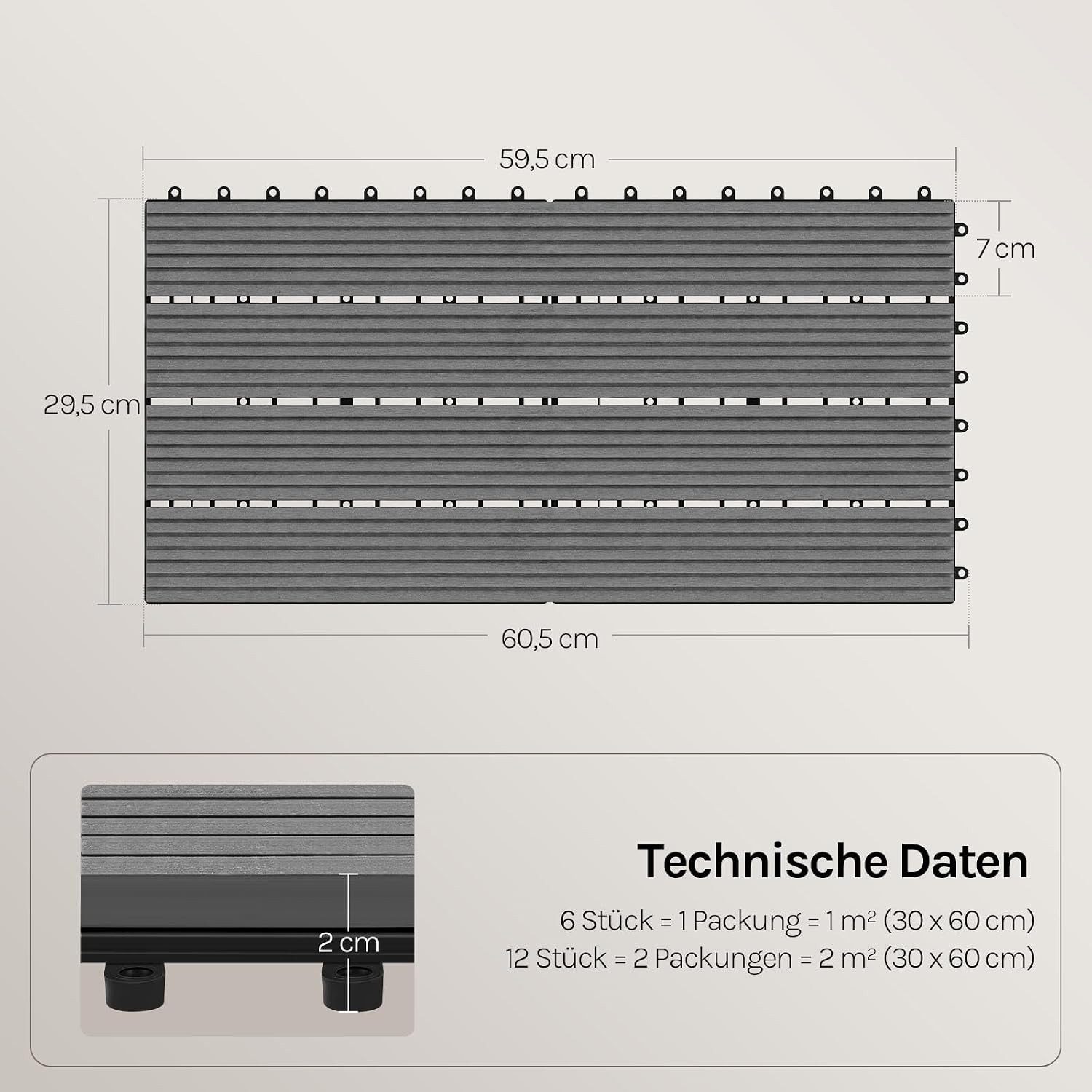 Woltu WPC-Fliesen, 6 St., Terrassendielen Holz-Optik 30x60cm mit klicksystem
