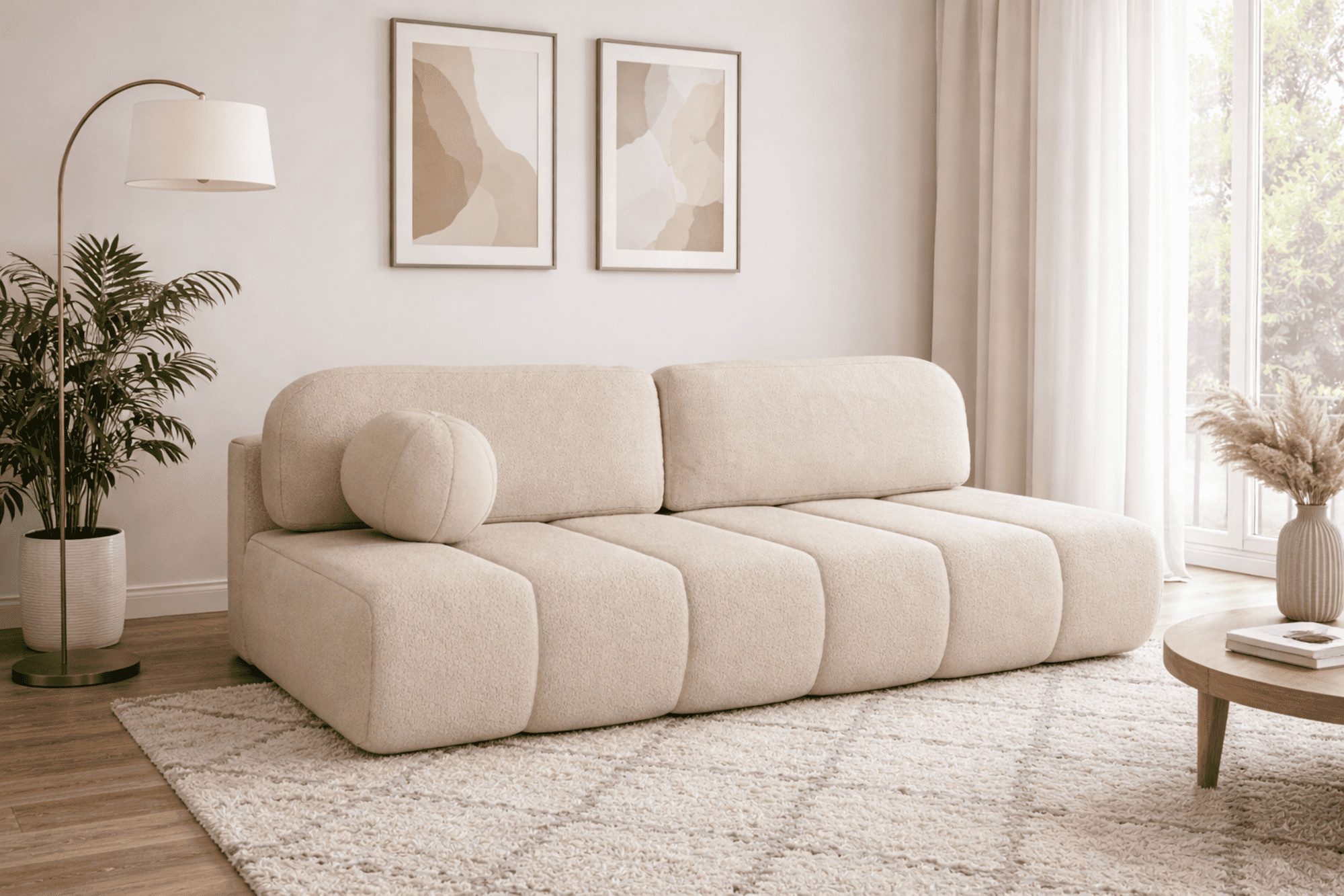 MOEBLO Sofa Fluffy aus Bouclé, Bequemes Sofa mit Schlaffunktion und Stauraum, Stilvollem Bouclé-Bezug, Couch Polstermöbel Sitzmöbel Wohnzimmermöbel 3-Sitzer-Sofa Stoffsofa, mit Relaxfunktion (BxHxT):210x88x104 cm