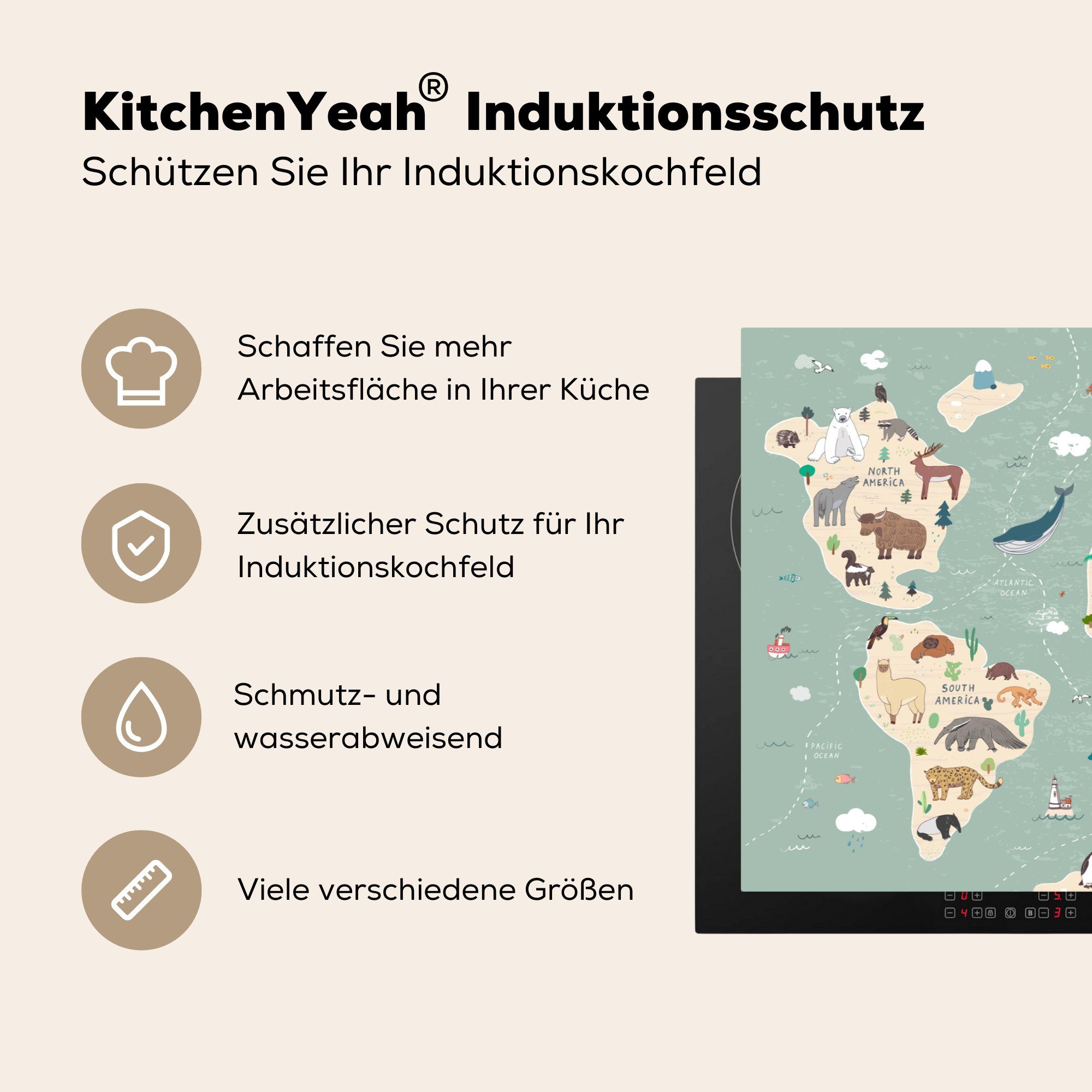 küche, Jungen die cm, Erde tlg), - Vinyl, für Ceranfeldabdeckung Weltkarte - Schutz Mädchen - Kinder 81x52 - Tiere Blau, (1 Induktionskochfeld MuchoWow Herdblende-/Abdeckplatte -