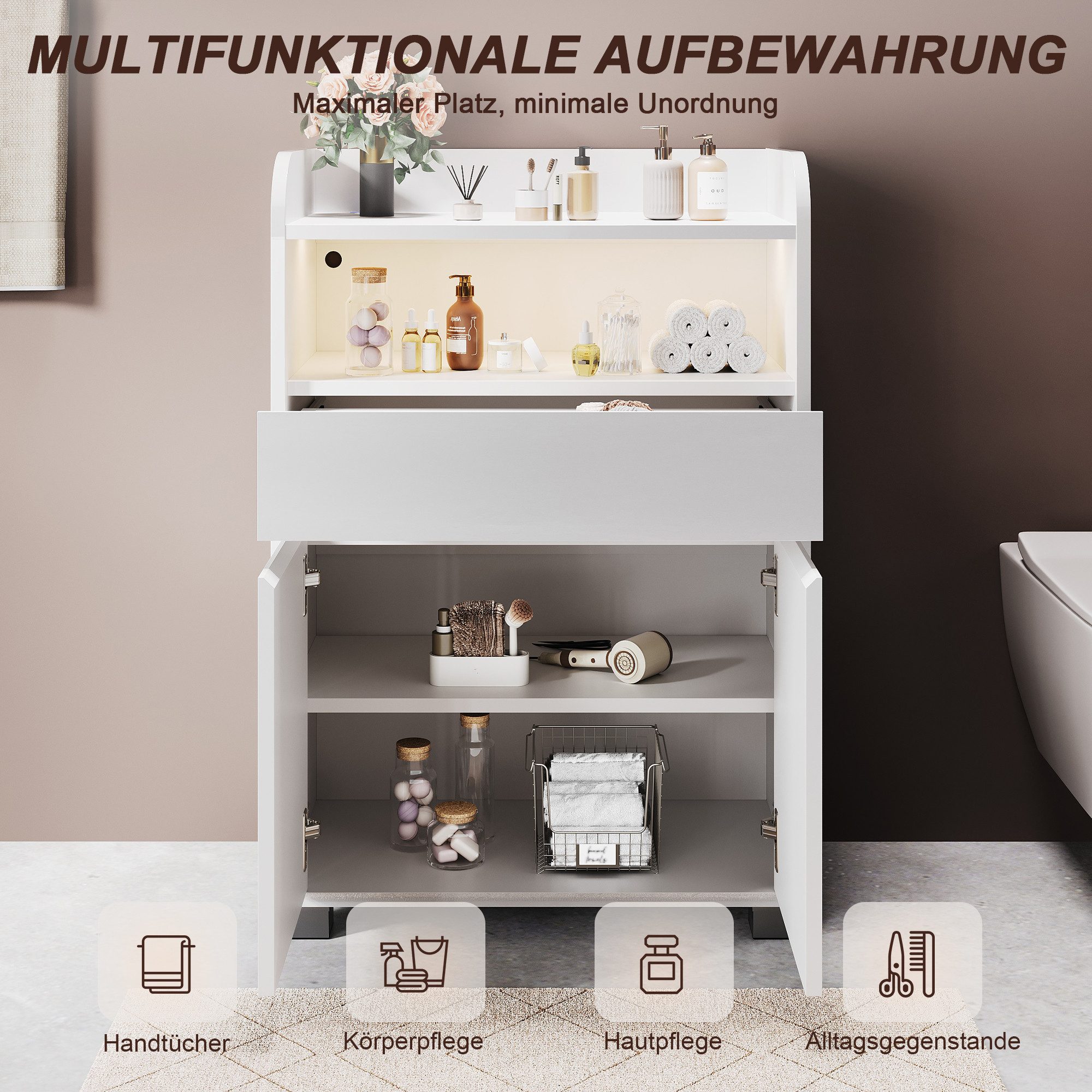 SONNI Kommode Badkommode Badezimmerschrank Höhe: 82cm mit Licht, mit 2 Türen, hochglänzende UV-Oberfläche, mit LED-Touchleuchte – Bild 5 von 5