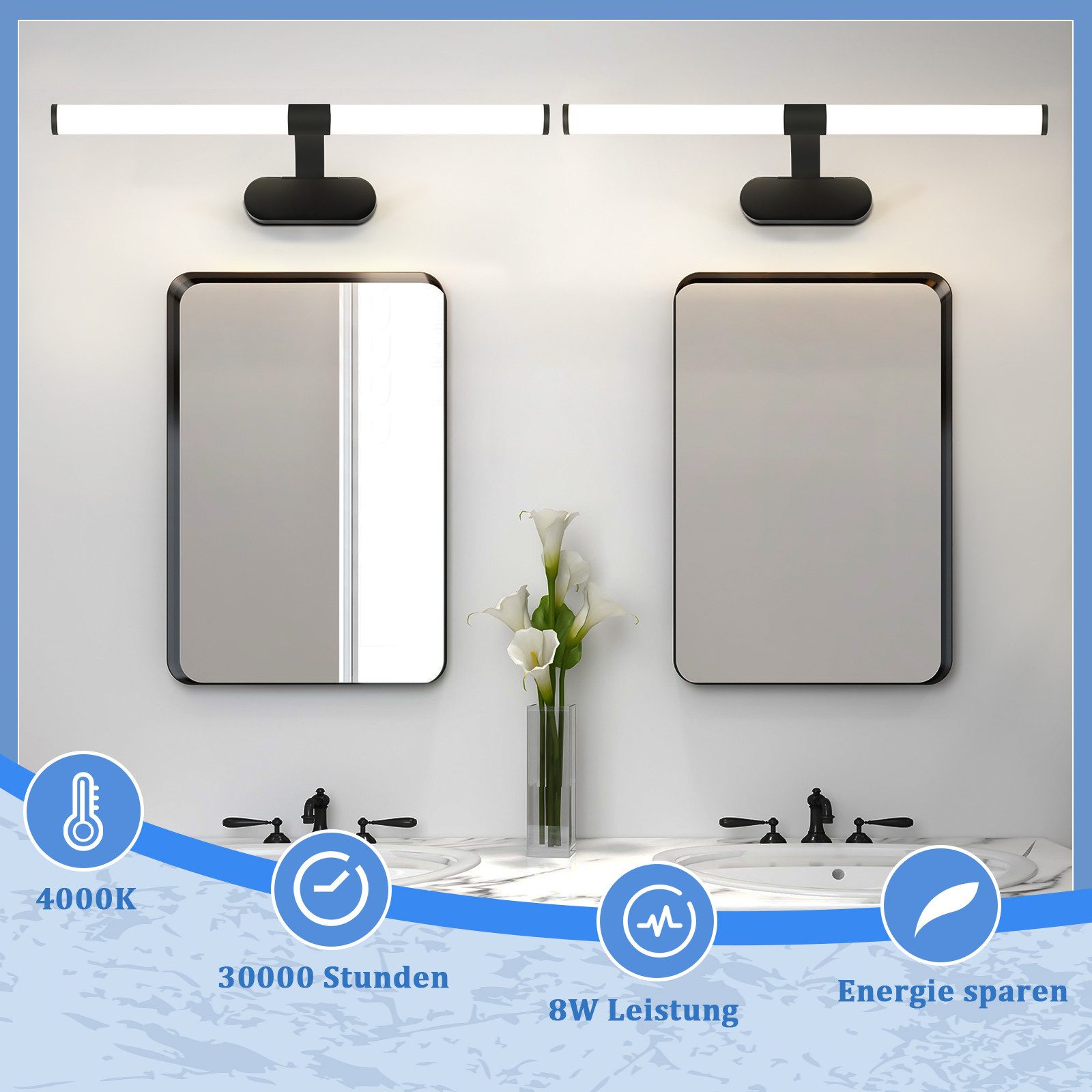 Nettlife LED Spiegelleuchte Spiegellampe Schwarz 4000K, LED fest integriert, Neutralweiß, für Küche schrank Keller